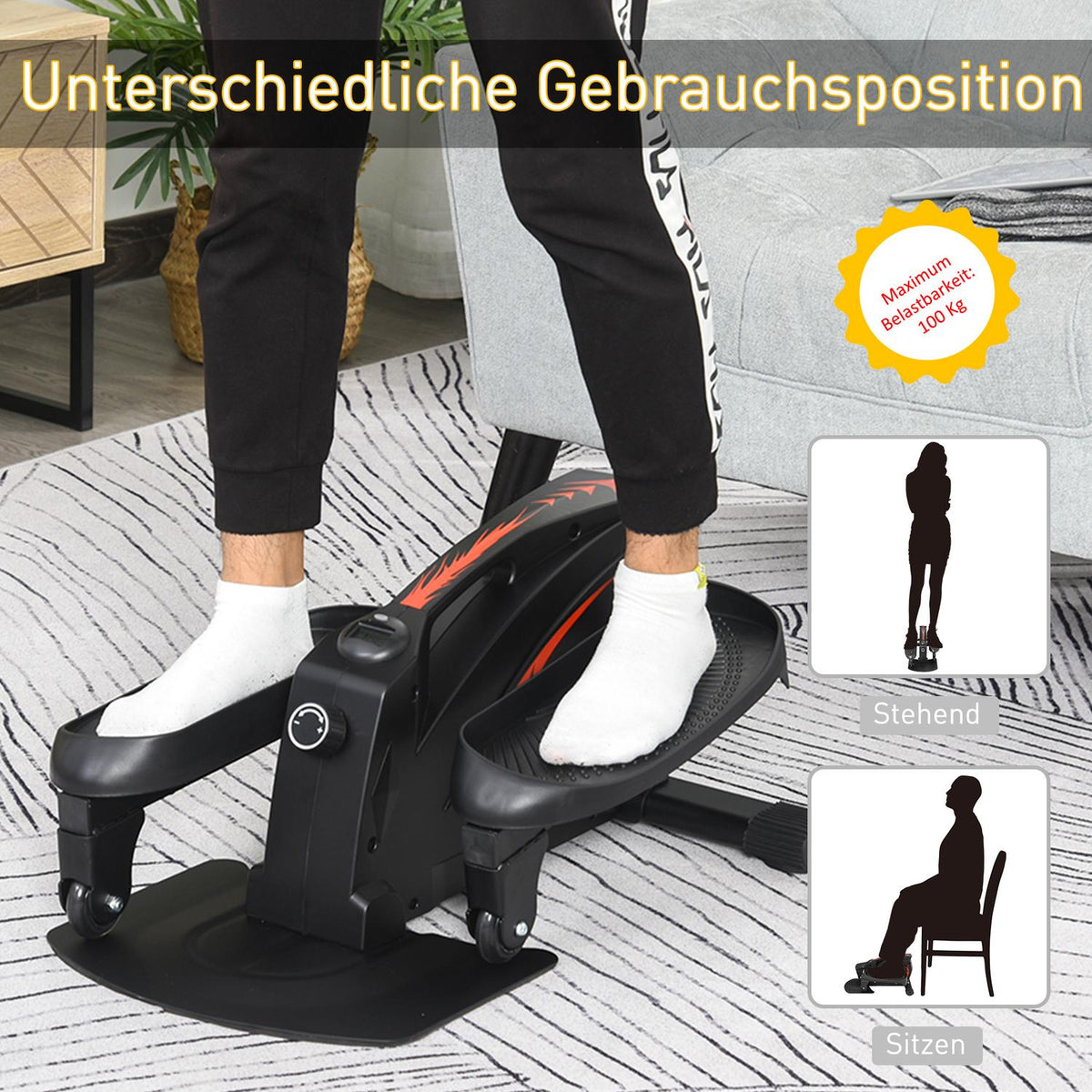 Mini stepper with LCD monitor, exercise bike, pedal trainer, training device, infinitely adjustable resistance, non-slip step board