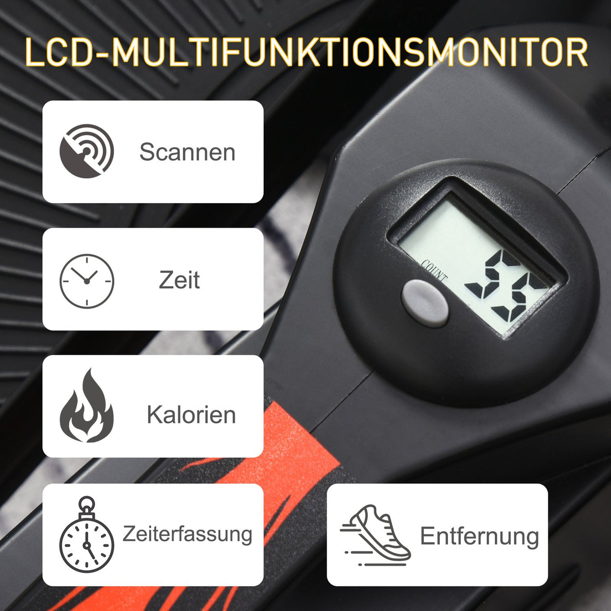 Mini stepper with LCD monitor, exercise bike, pedal trainer, training device, infinitely adjustable resistance, non-slip step board