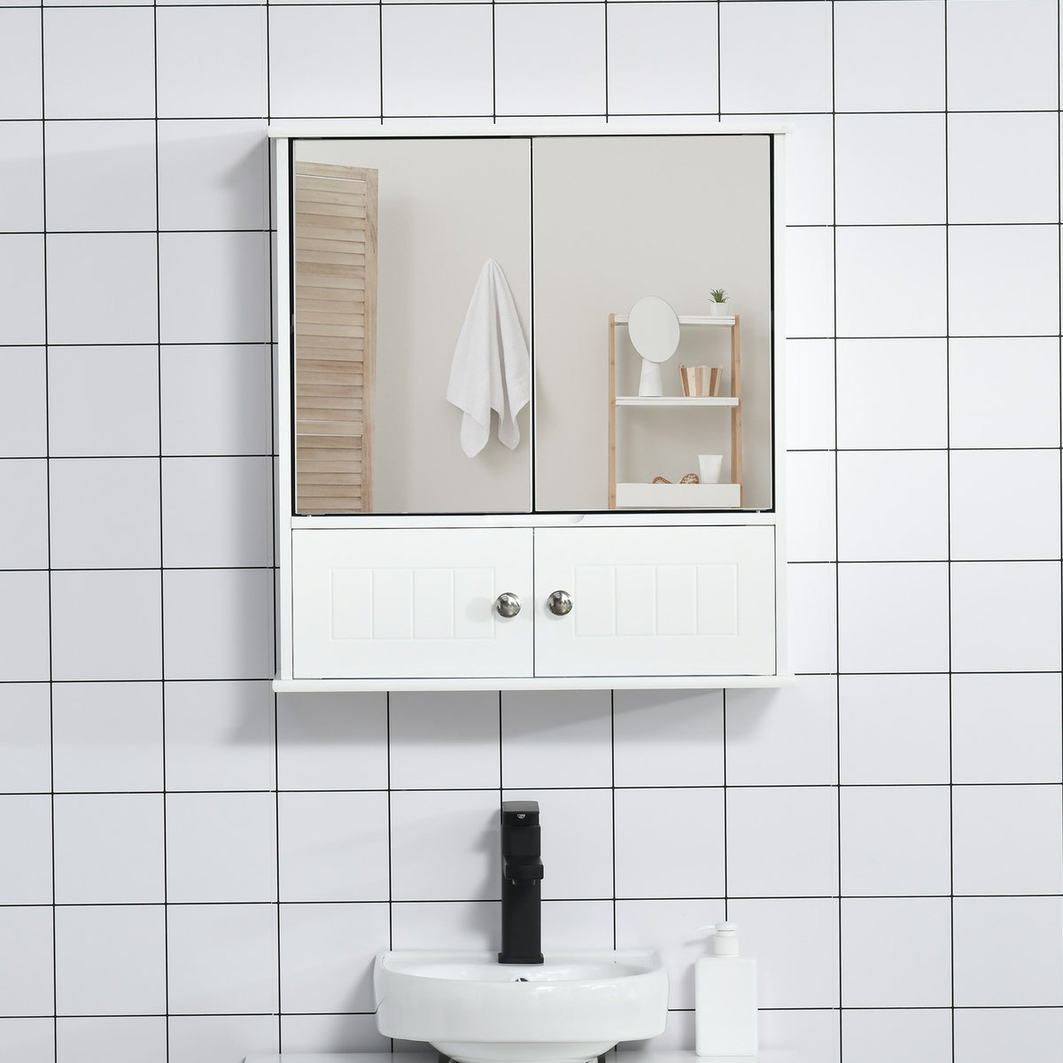 Mirror Cabinet Bathroom Cabinet With Glass Shelves, Wall Cabinet In White, 55X17.5X60Cm