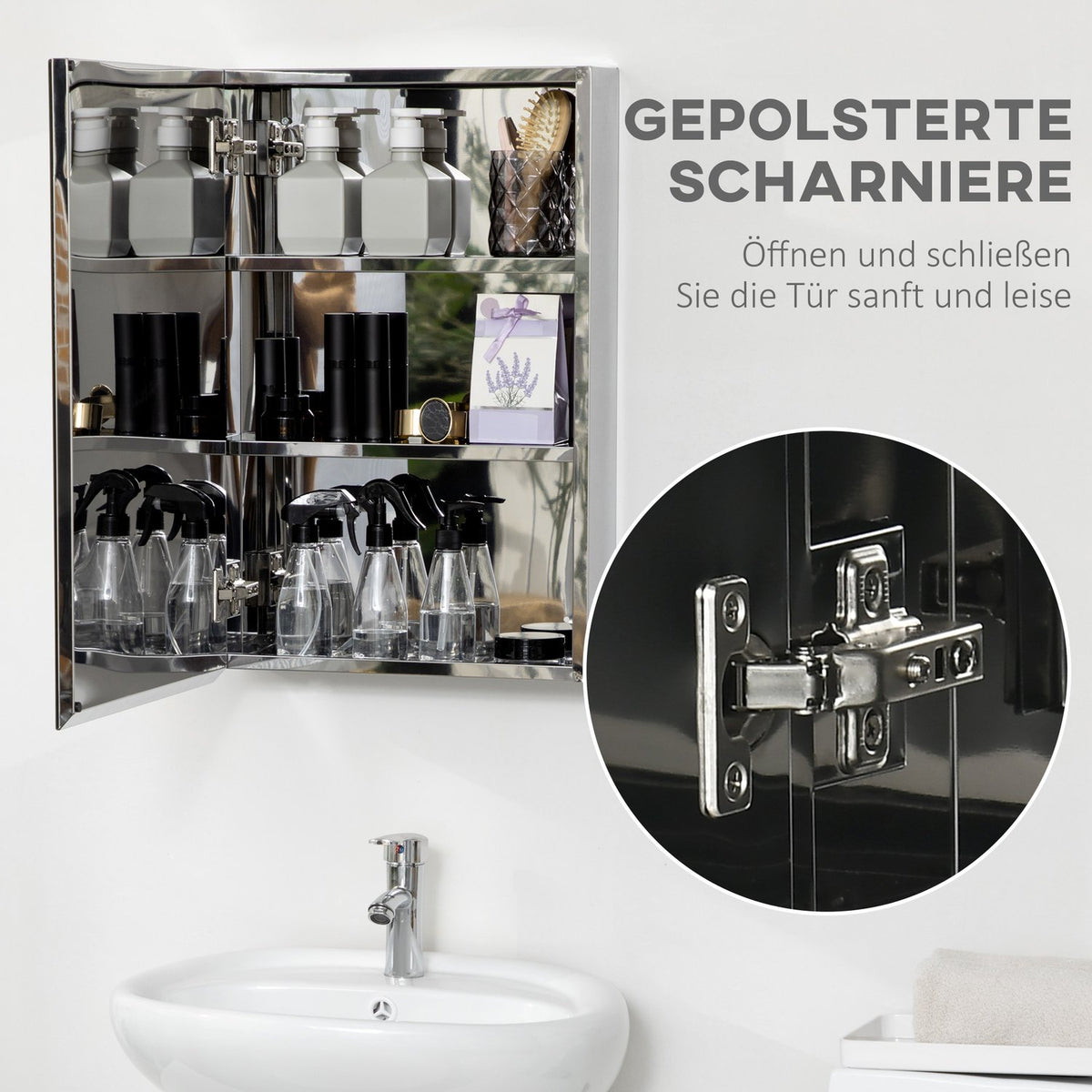 Mirror Cabinet, Bathroom Cabinet with 3 Tiers, Medicine Cabinet for Bathroom, Bedroom, Stainless Steel, Silver, 39 x 12 x 60cm