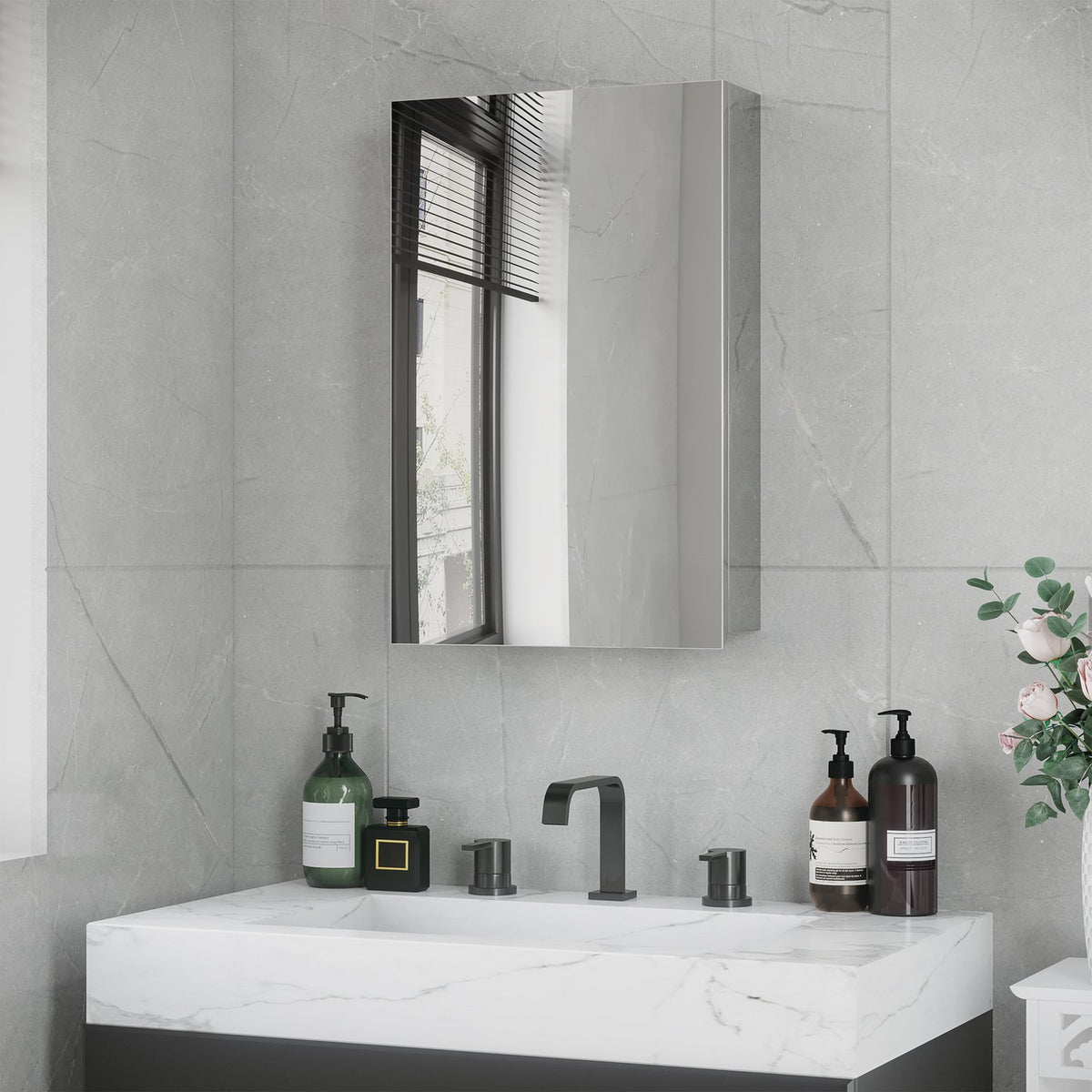 Mirror Cabinet, Bathroom Cabinet with 3 Tiers, Medicine Cabinet for Bathroom, Bedroom, Stainless Steel, Silver, 39 x 12 x 60cm