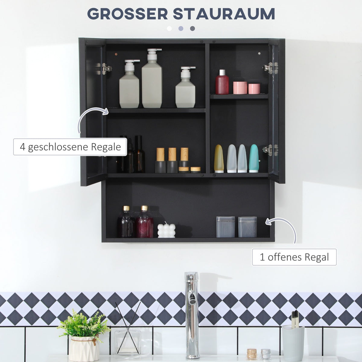 Mirror Cabinet Bathroom Cabinet with 5 Tier Double Door Wall Cabinet Medicine Cabinet for Bedroom Black 60 x 13.5 x 70cm