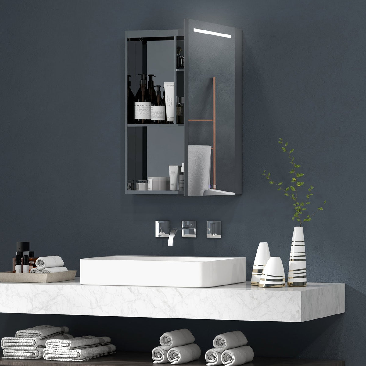 Mirror Cabinet Bathroom Led Lighting Touch Switch Anti-Fog Wall Cabinet Shelves Soft Close Silver