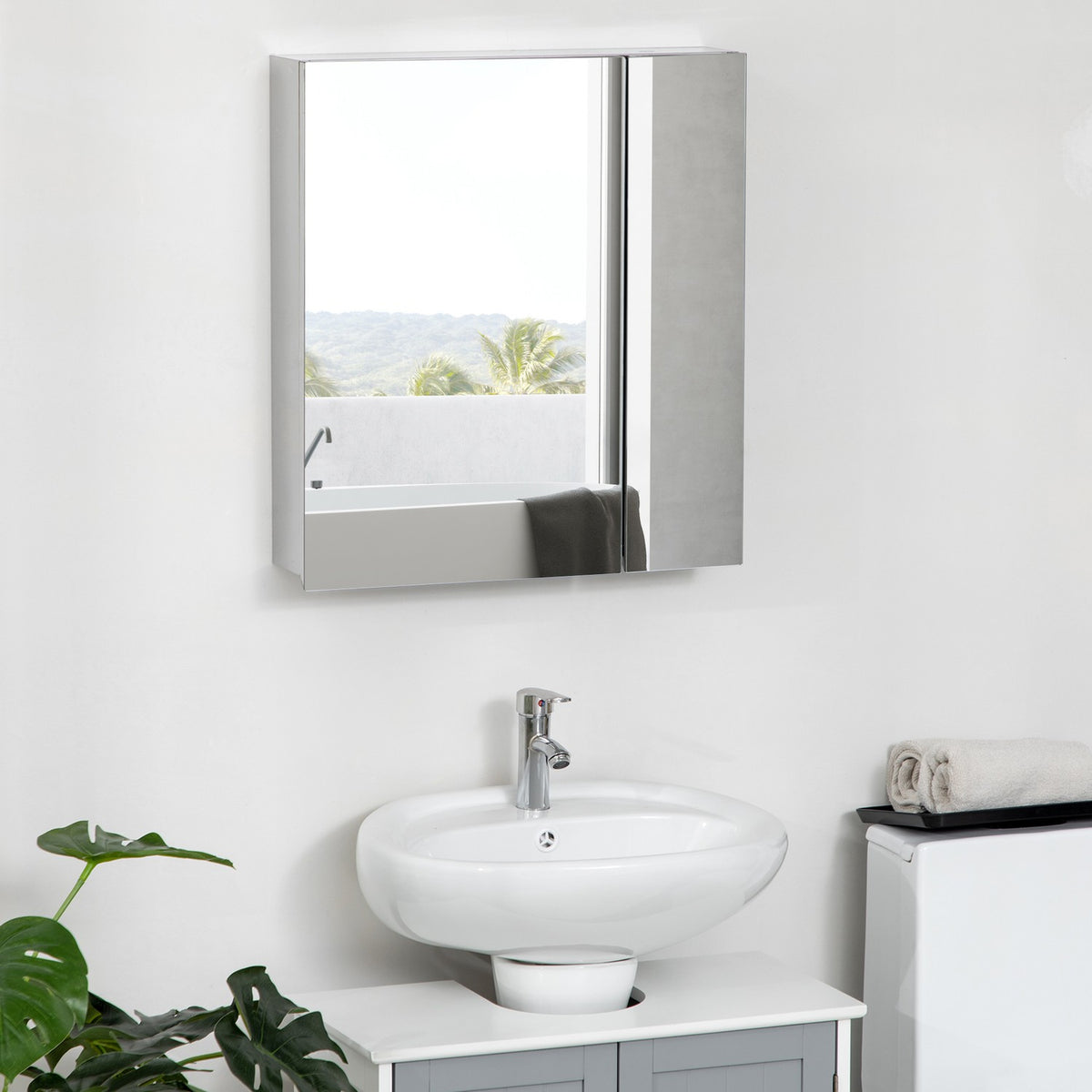 Mirror Cabinet Bathroom Mirror Cabinet With 3 Inner Shelves, Double Door Wall Cabinet, Wall Cabinet For Bathroom, Silver, 54X13X60Cm