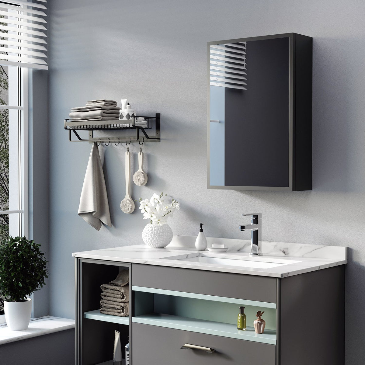 Mirror Cabinet Modern Wall Cabinet With Mirror & 3 Layers, Black, For Bathroom, 40X15X60 Cm