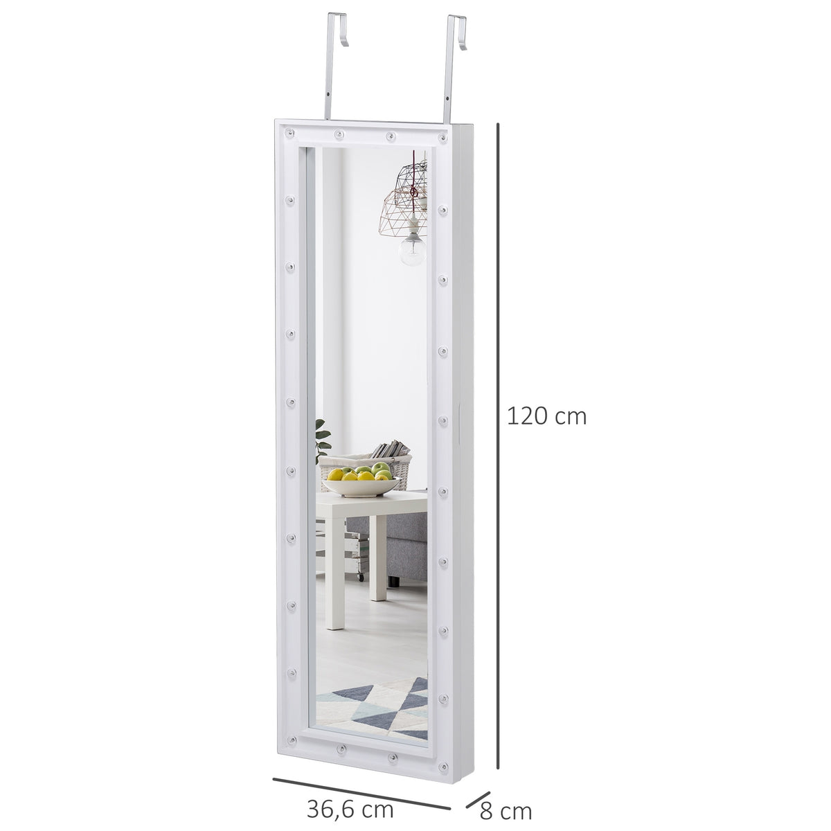 Mirror cabinet LED jewelry cabinet hanging door mounting MDF white 36.6 x 8 x 120 cm