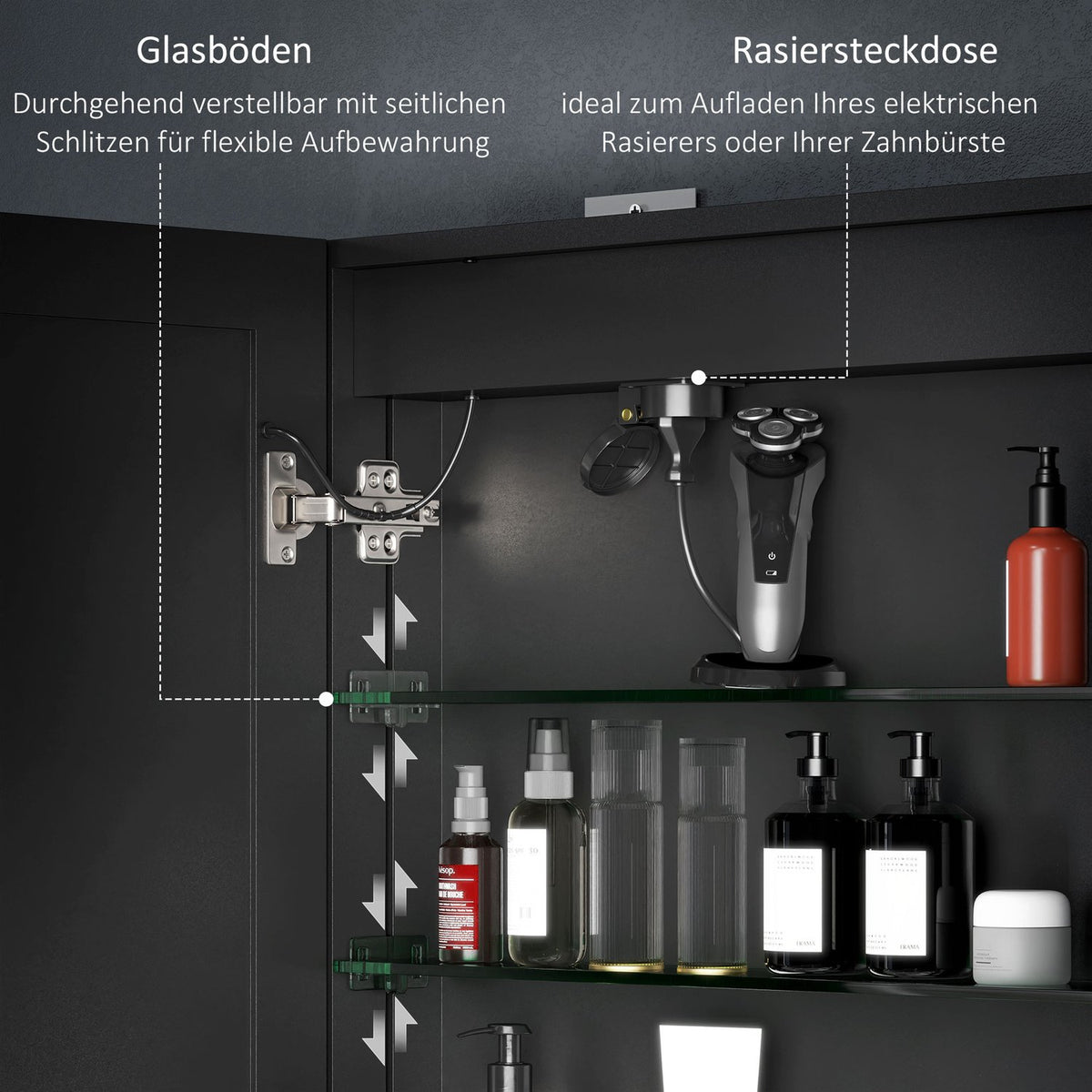 Mirror cabinet bathroom with LED lighting, bathroom cabinet with mirror, socket, wall cabinet with adjustable shelf, anti-fog function, wall cabinet 80x12.8x60cm black