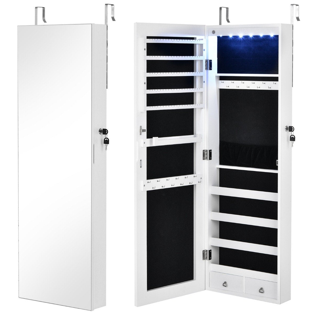 Mirrored Jewelry Cabinet Lockable Wall/Door Mounted 36 x 10 x 108 cm White