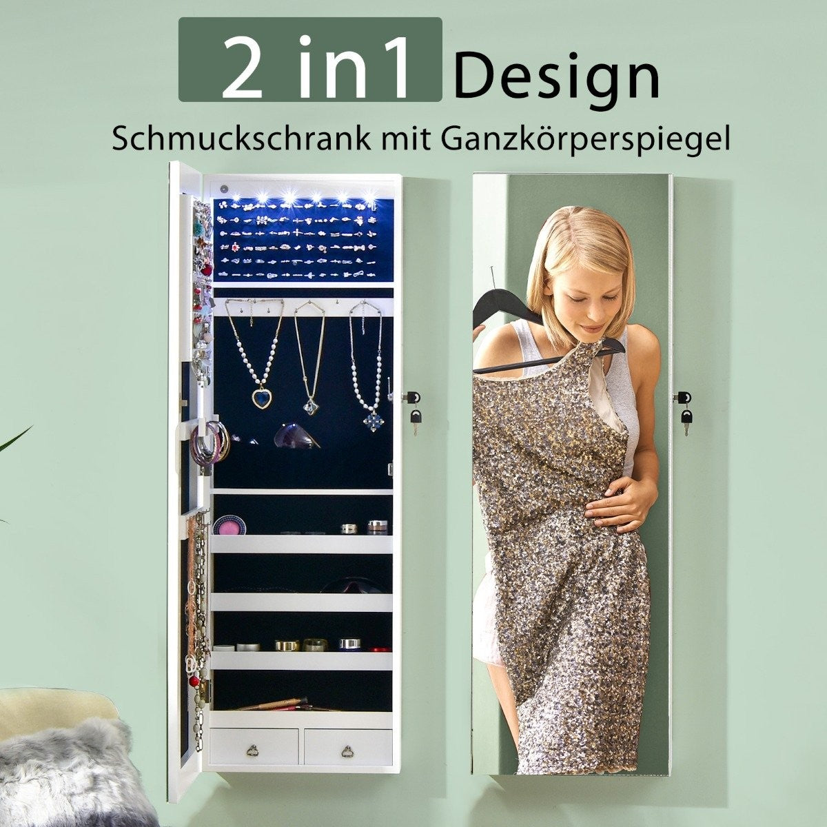 Mirrored Jewelry Cabinet Lockable Wall/Door Mounted 36 x 10 x 108 cm White