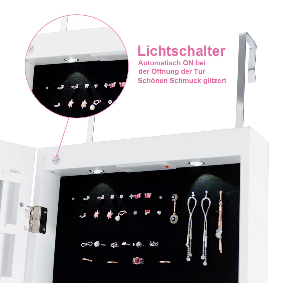Mirrored Jewelry Cabinet With LED Lights, Wall or Door Mount