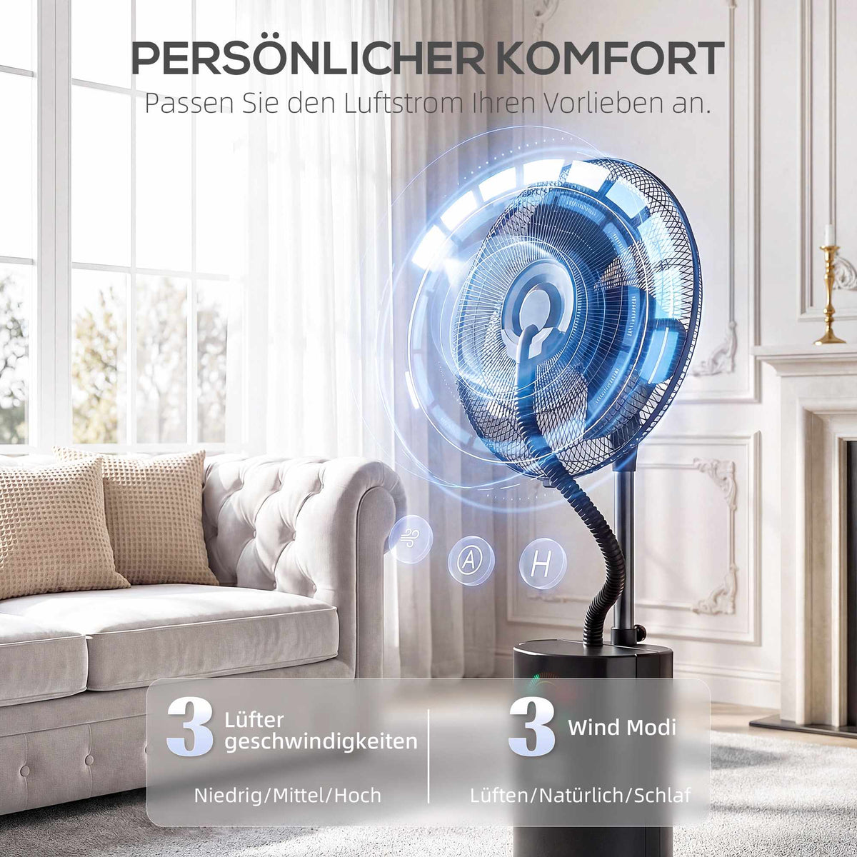 Misting Stand Fan with Remote, 2.3L Tank, 3 Speeds