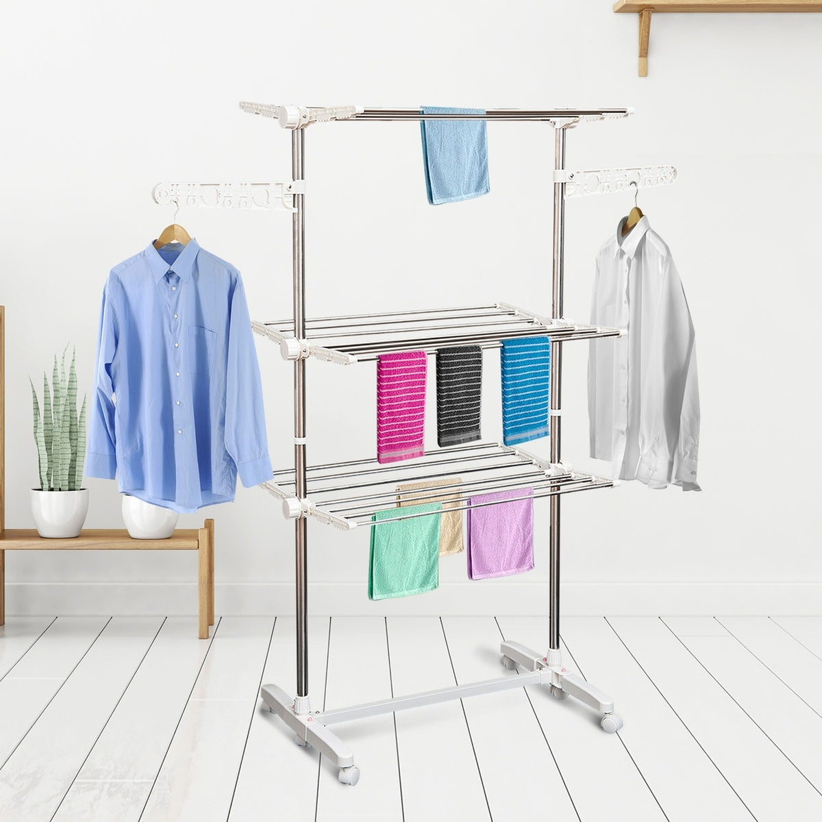 Mobile Clothes Airer Tumble Dryer 3 Levels Foldable Roll 80-142 X 55 X 152 Cm