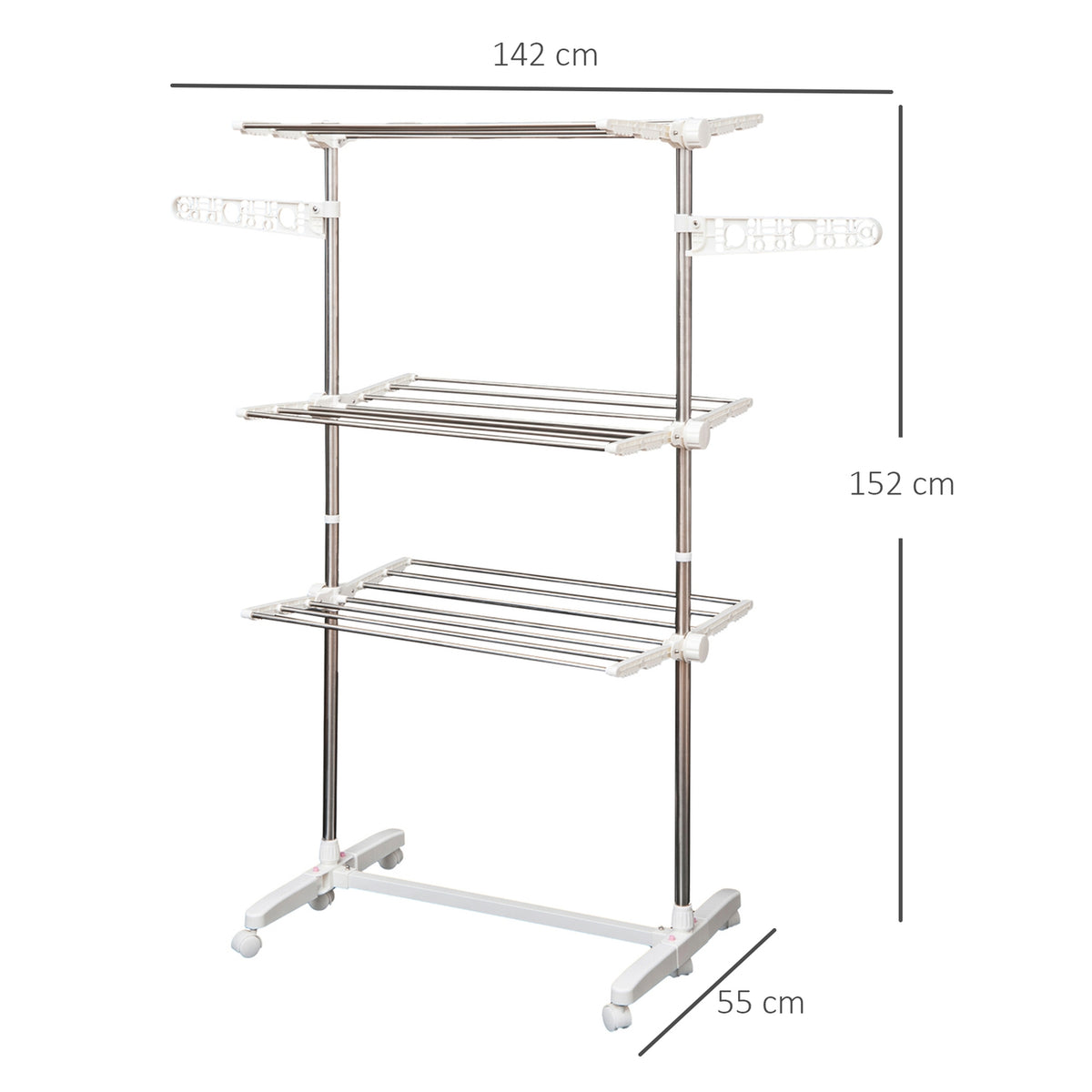 Mobile Clothes Airer Tumble Dryer 3 Levels Foldable Roll 80-142 X 55 X 152 Cm