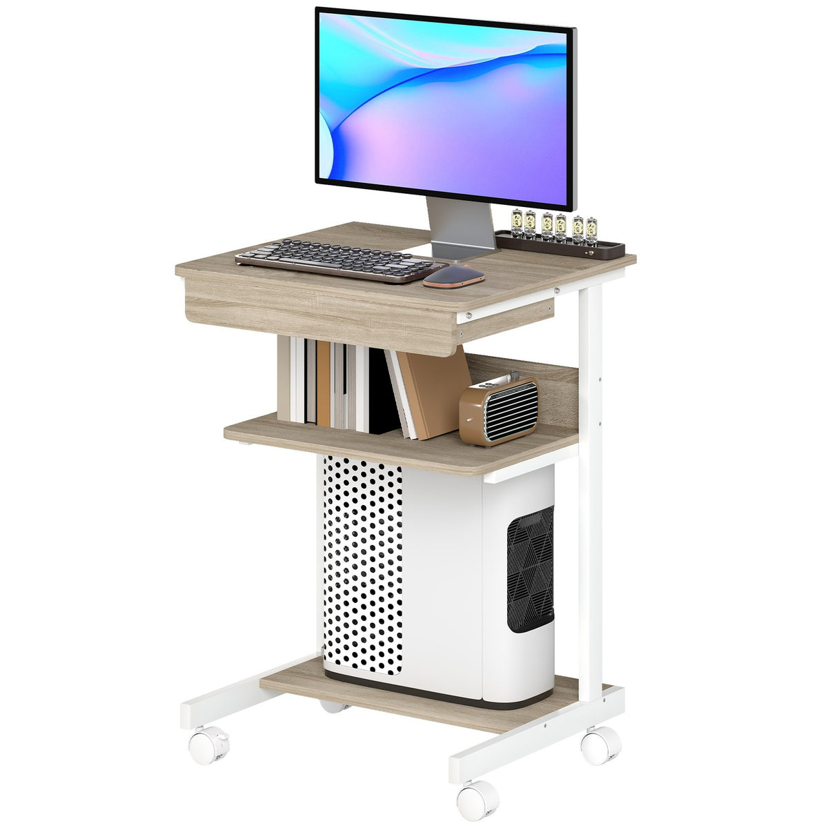 Mobile Desk with Drawer and Shelves, 4 Wheels, Chipboard, Metal