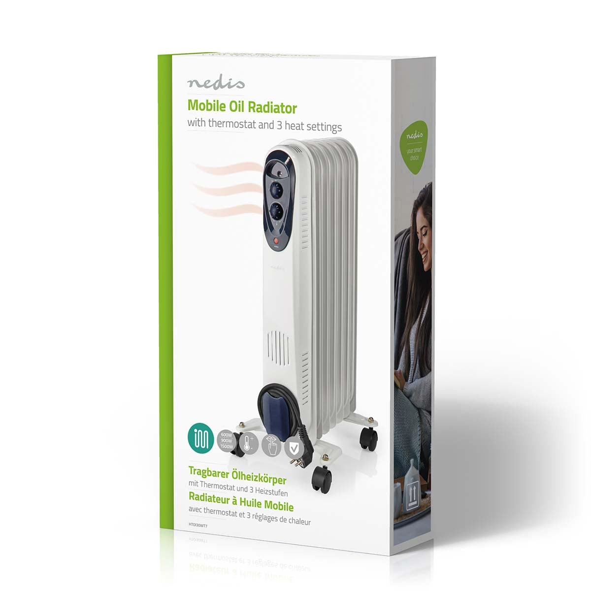 Mobile Oil Radiator | 600 / 900 / 1500 W | 7 Fins | Adjustable thermostat | 3 Heat Settings | Fall over protection | White