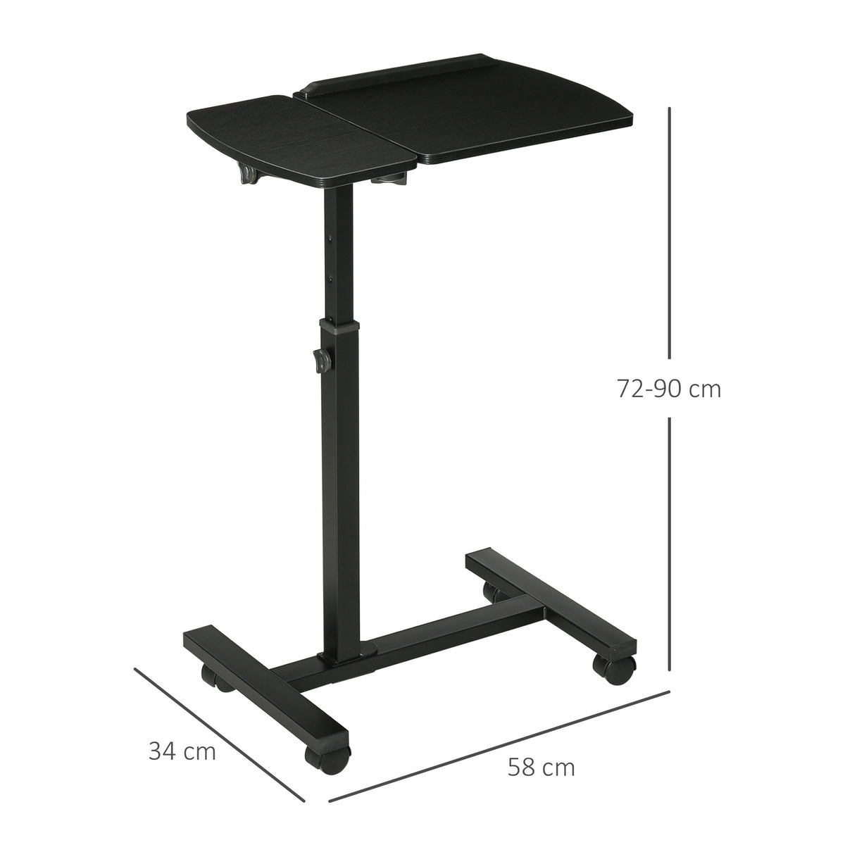 Mobile Side Table Laptop Stand With Wheels, Height Adjustable & Rotatable, Black, 58 X 34 X 72-90 Cm