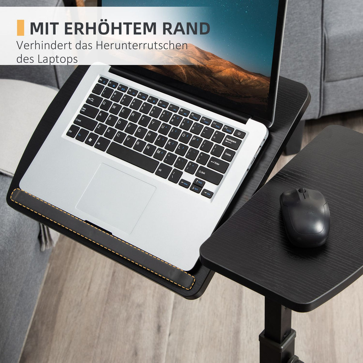 Mobile Side Table Laptop Stand With Wheels, Height Adjustable & Rotatable, Black, 58 X 34 X 72-90 Cm