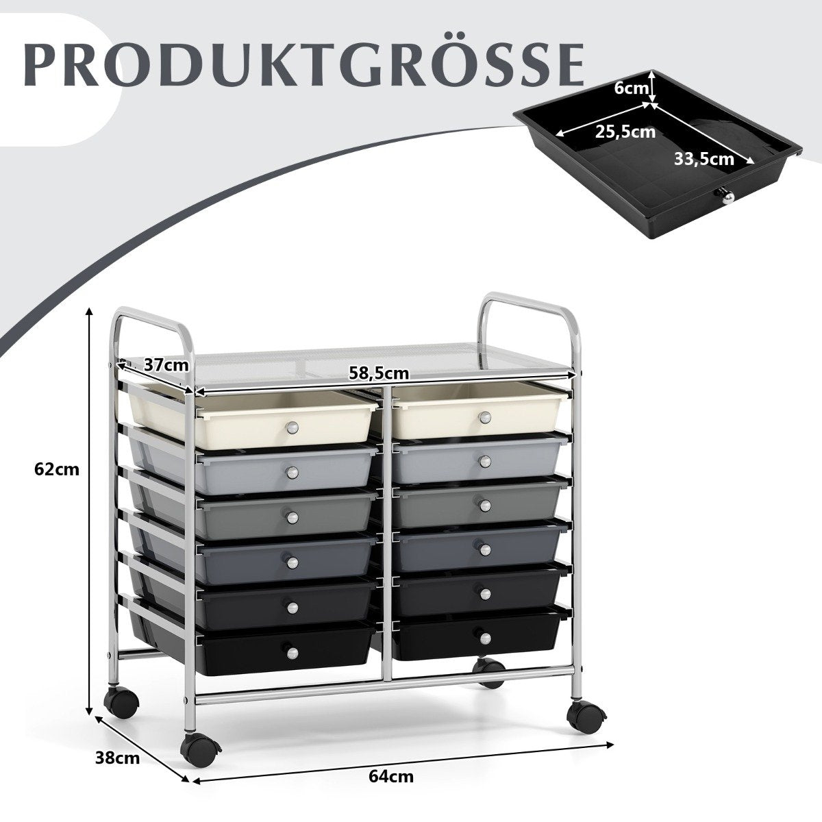 Mobile Storage Cart with 12 Stackable Drawers, Black