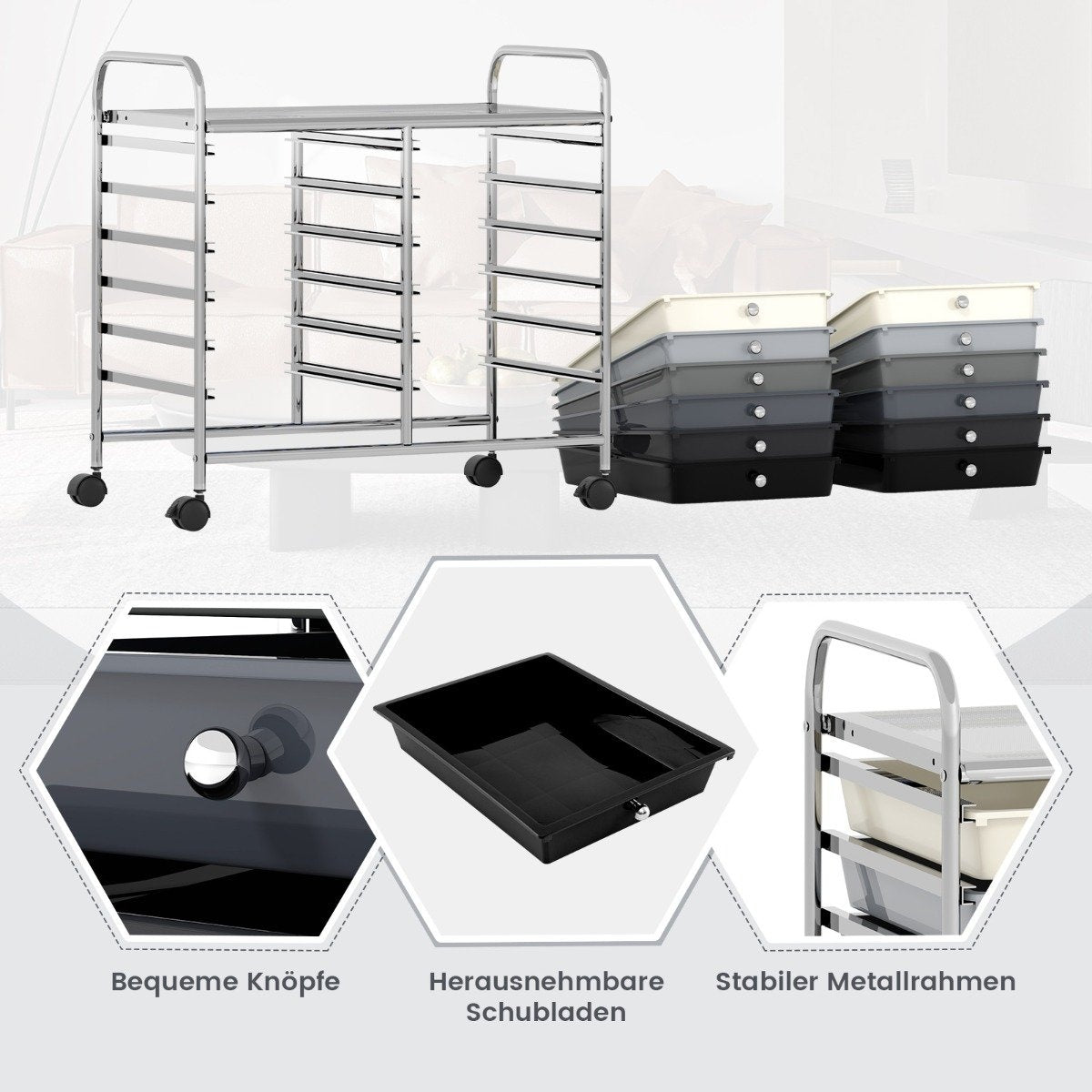 Mobile Storage Cart with 12 Stackable Drawers, Black