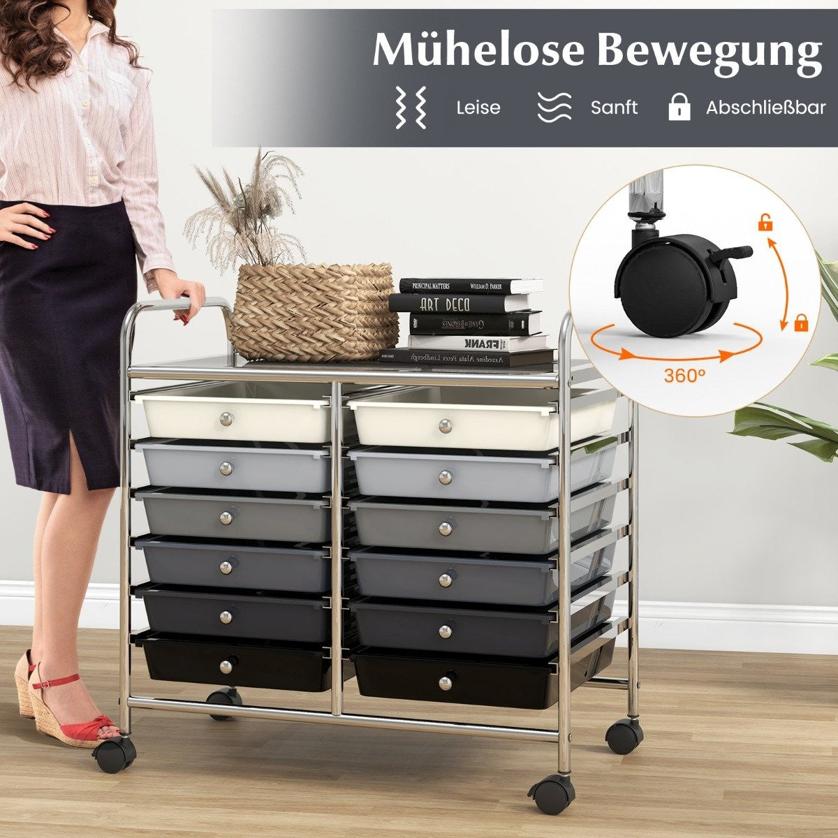 Mobile Storage Cart with 12 Stackable Drawers, Black