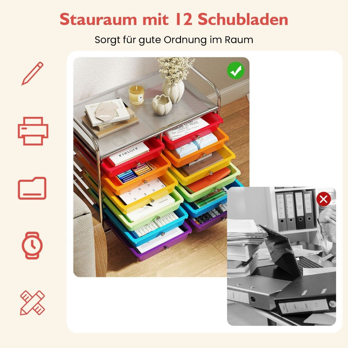 Mobile Storage Cart with 12 Stackable Drawers, Multi-Color