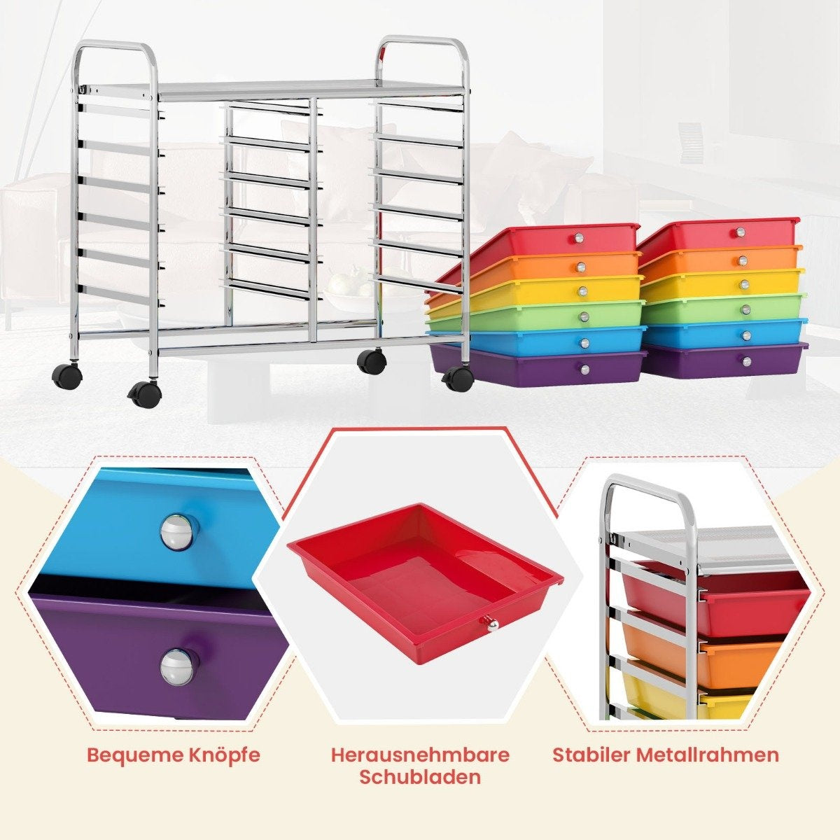 Mobile Storage Cart with 12 Stackable Drawers, Multi-Color