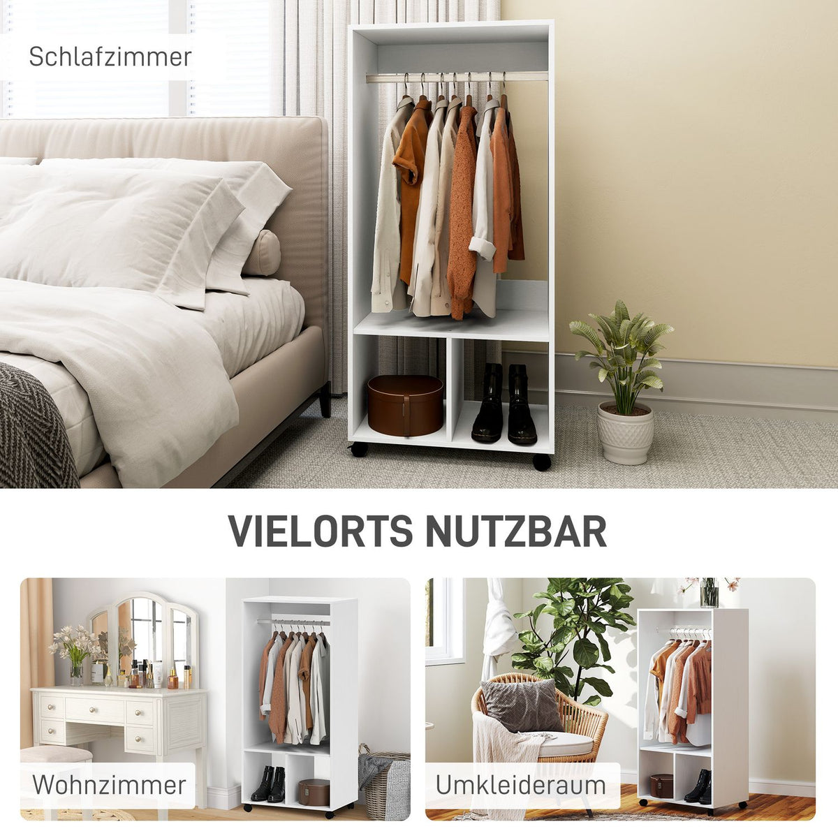 Mobile Wardrobe Wardrobe Cabinet with Shelf 4 Swivel Wheels for Living Room Bedroom Aluminum Alloy 60 x 40 x 127 cm White