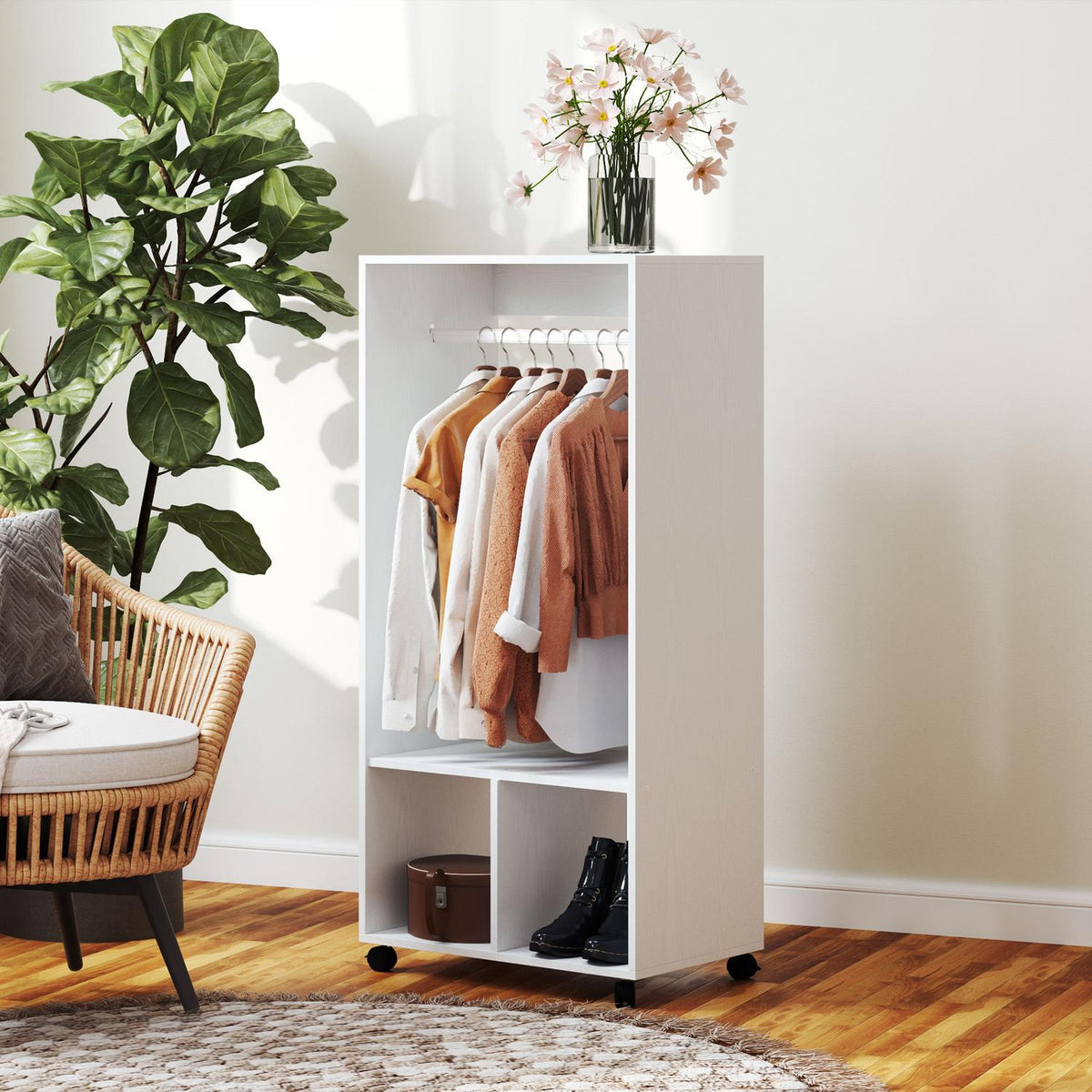 Mobile Wardrobe Wardrobe Cabinet with Shelf 4 Swivel Wheels for Living Room Bedroom Aluminum Alloy 60 x 40 x 127 cm White