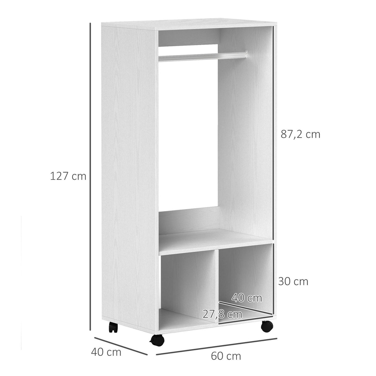 Mobile Wardrobe Wardrobe Cabinet with Shelf 4 Swivel Wheels for Living Room Bedroom Aluminum Alloy 60 x 40 x 127 cm White