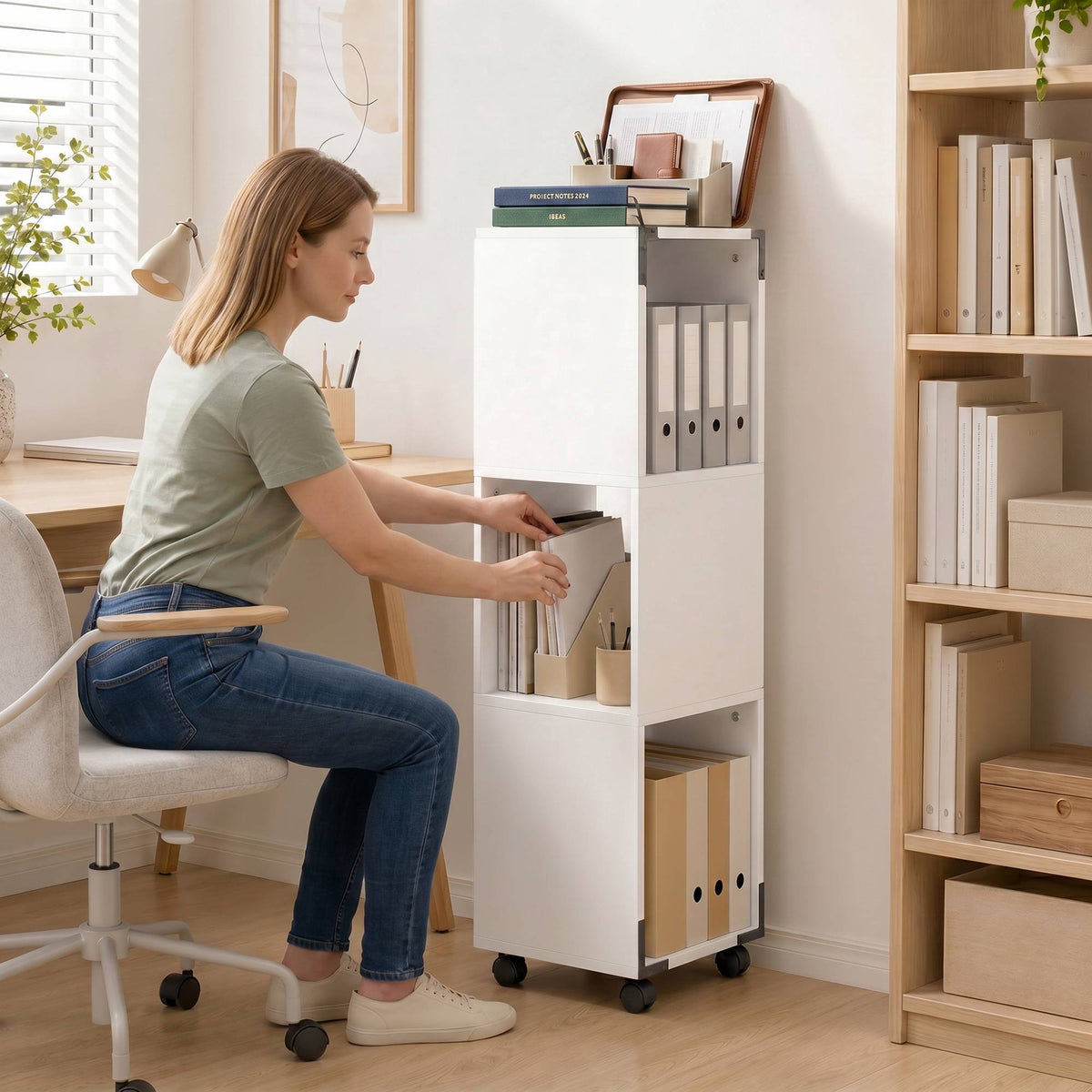 Mobile White File Cabinet with 3 Shelves and Printer Stand