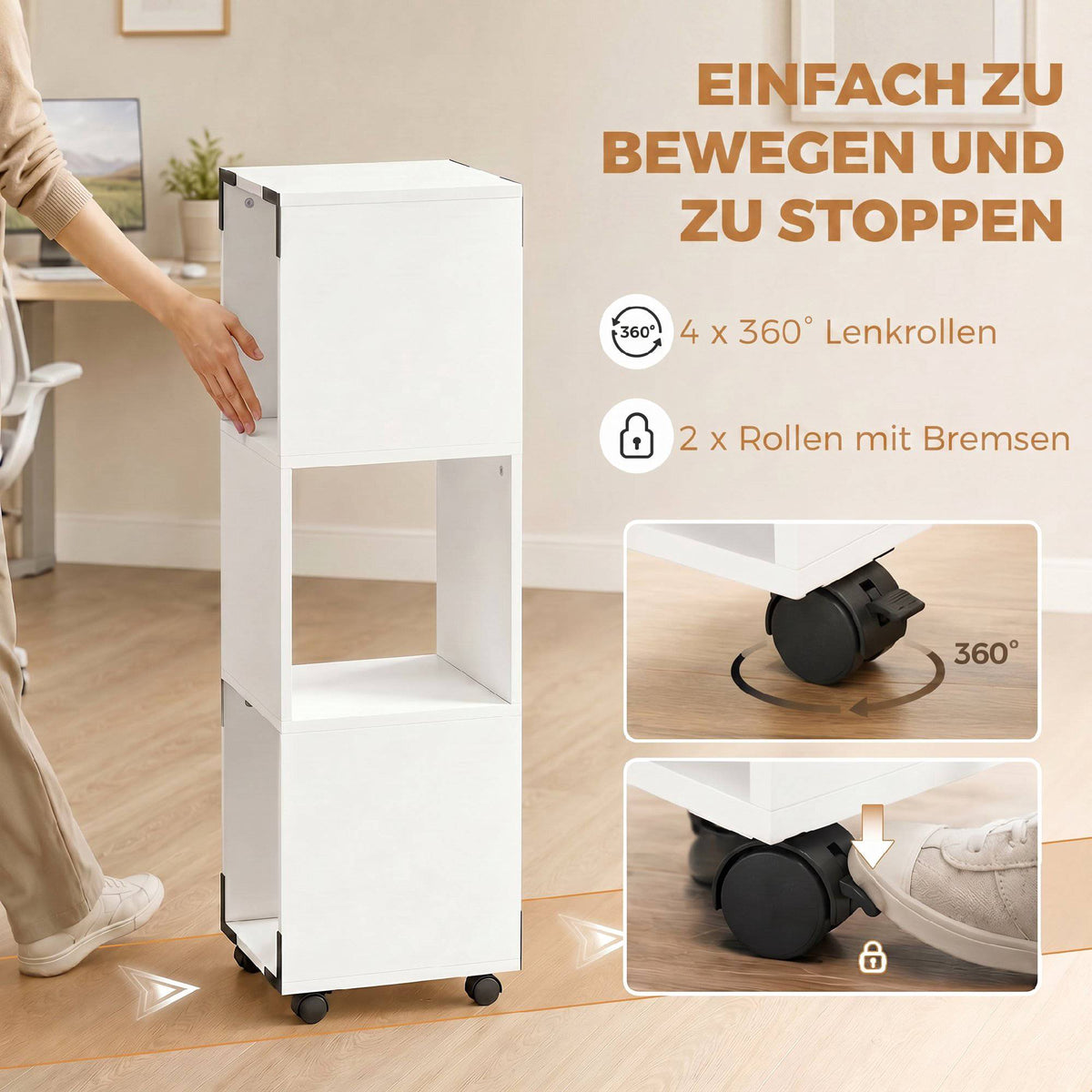 Mobile White File Cabinet with 3 Shelves and Printer Stand