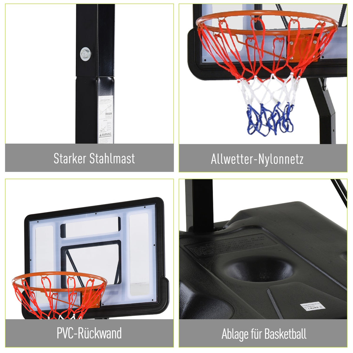 Mobile basketball stand basketball hoop with height-adjustable stand, steel + plastic, black, 90 x 165 x 302-352 cm