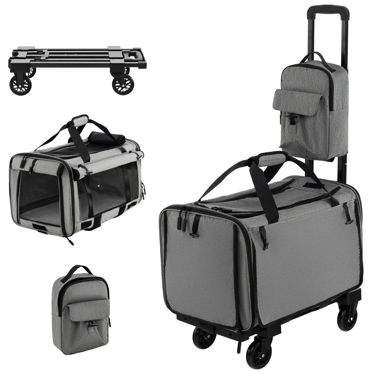 Mobile transport box with telescopic handle & wheels & small bag for cats, dogs, grey