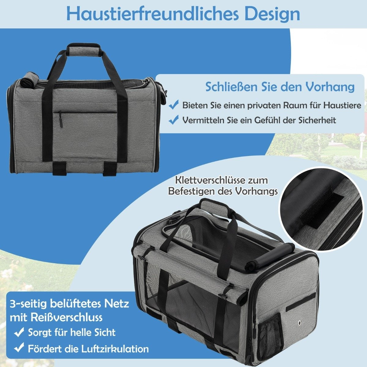 Mobile transport box with telescopic handle & wheels & small bag for cats, dogs, grey