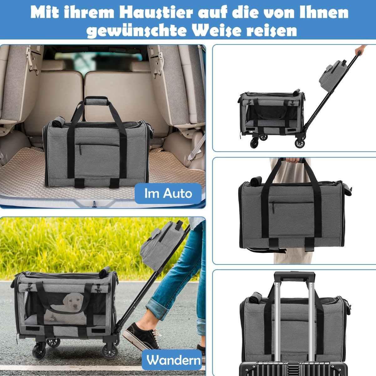 Mobile transport box with telescopic handle & wheels & small bag for cats, dogs, grey