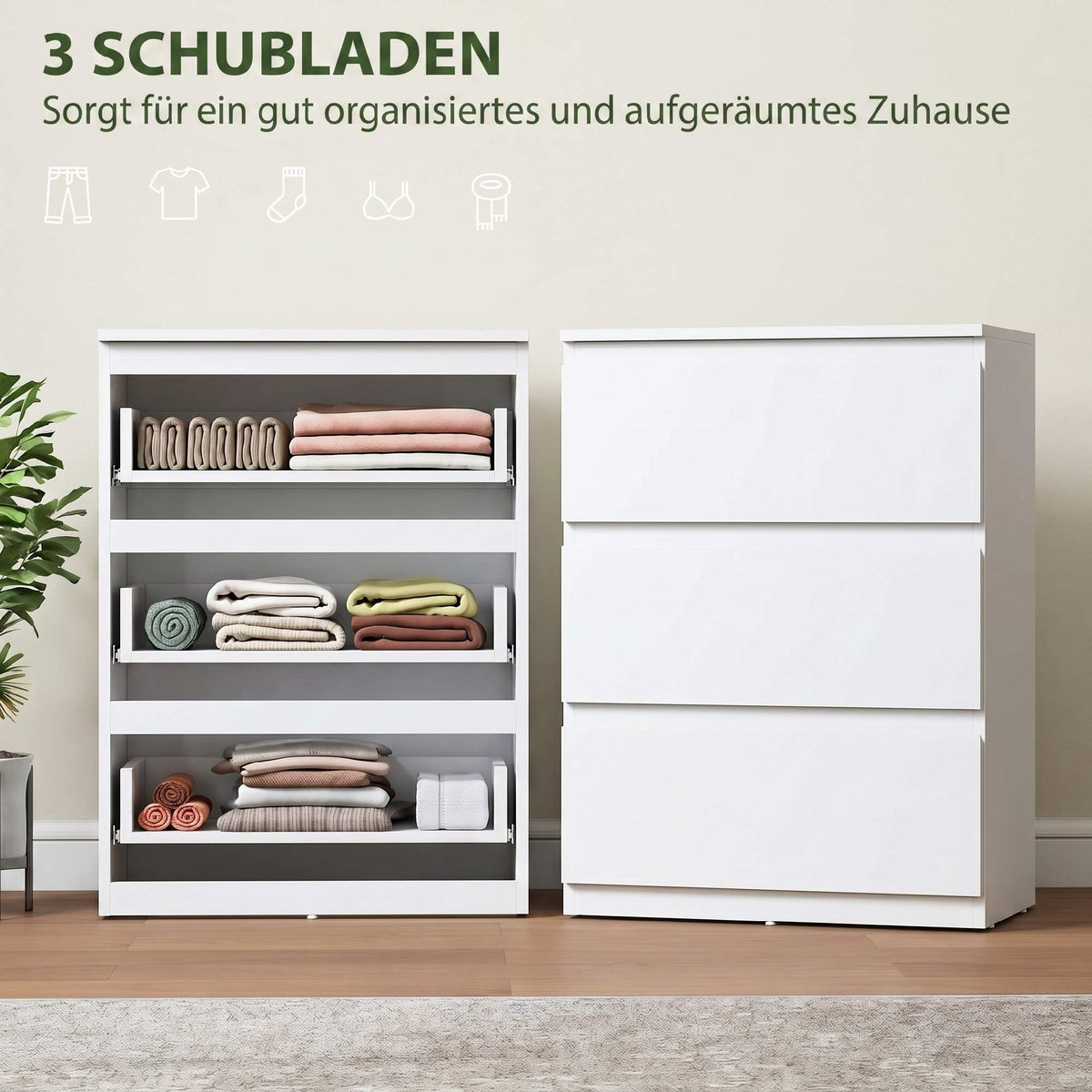 Modern 3-Drawer Dresser, White, 55 x 34 x 75 cm