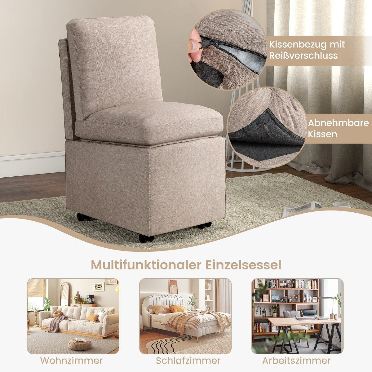 Modern Armless Accent Chair with Resistance Casters & Removable Thickened Cushion Leisure Chair 48 x 61.5 x 84 cm