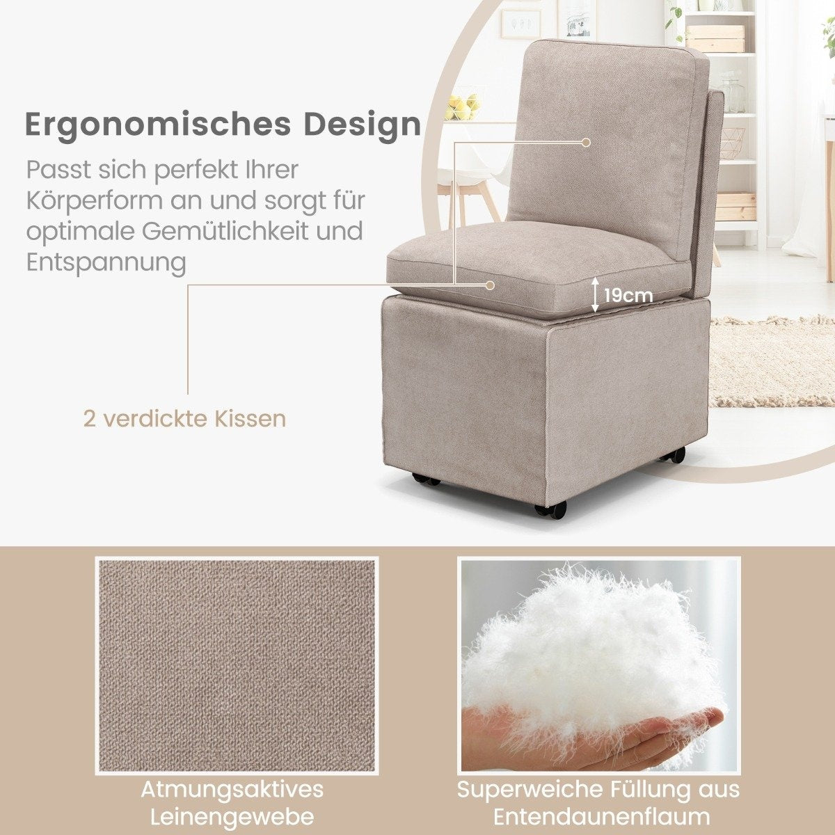 Modern Armless Accent Chair with Resistance Casters & Removable Thickened Cushion Leisure Chair 48 x 61.5 x 84 cm