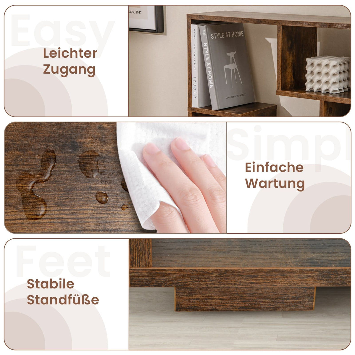 Modern Bookshelf with Open Shelves & Anti-Tip, Brown