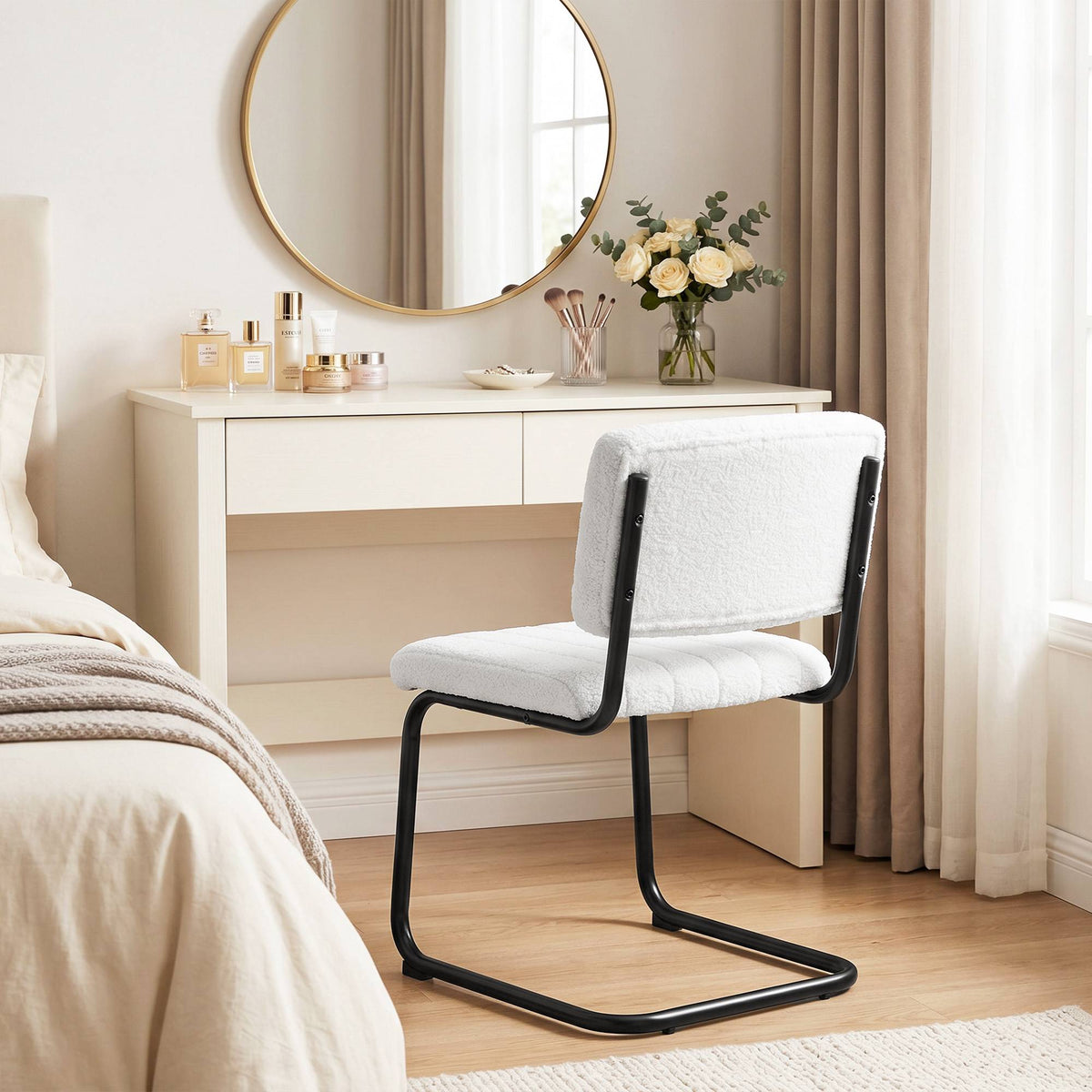 Modern Dining Chairs Set of 2, Cream Teddy Fleece