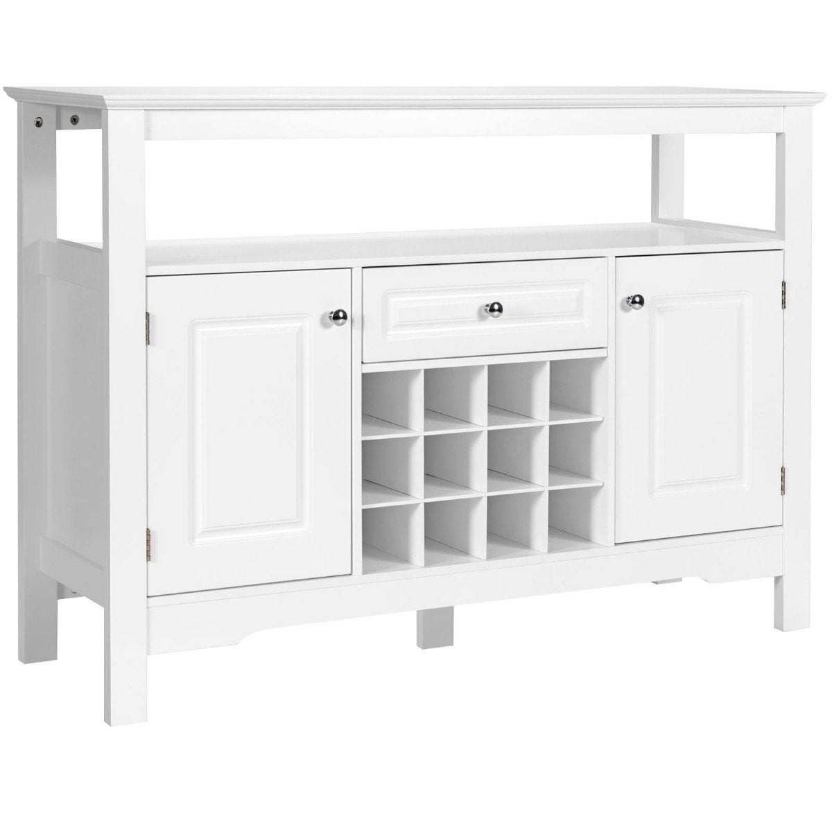 Modern Dining Room Buffet with Cross Shaped Wine Rack Open Shelf 2 Cabinets & Drawer White
