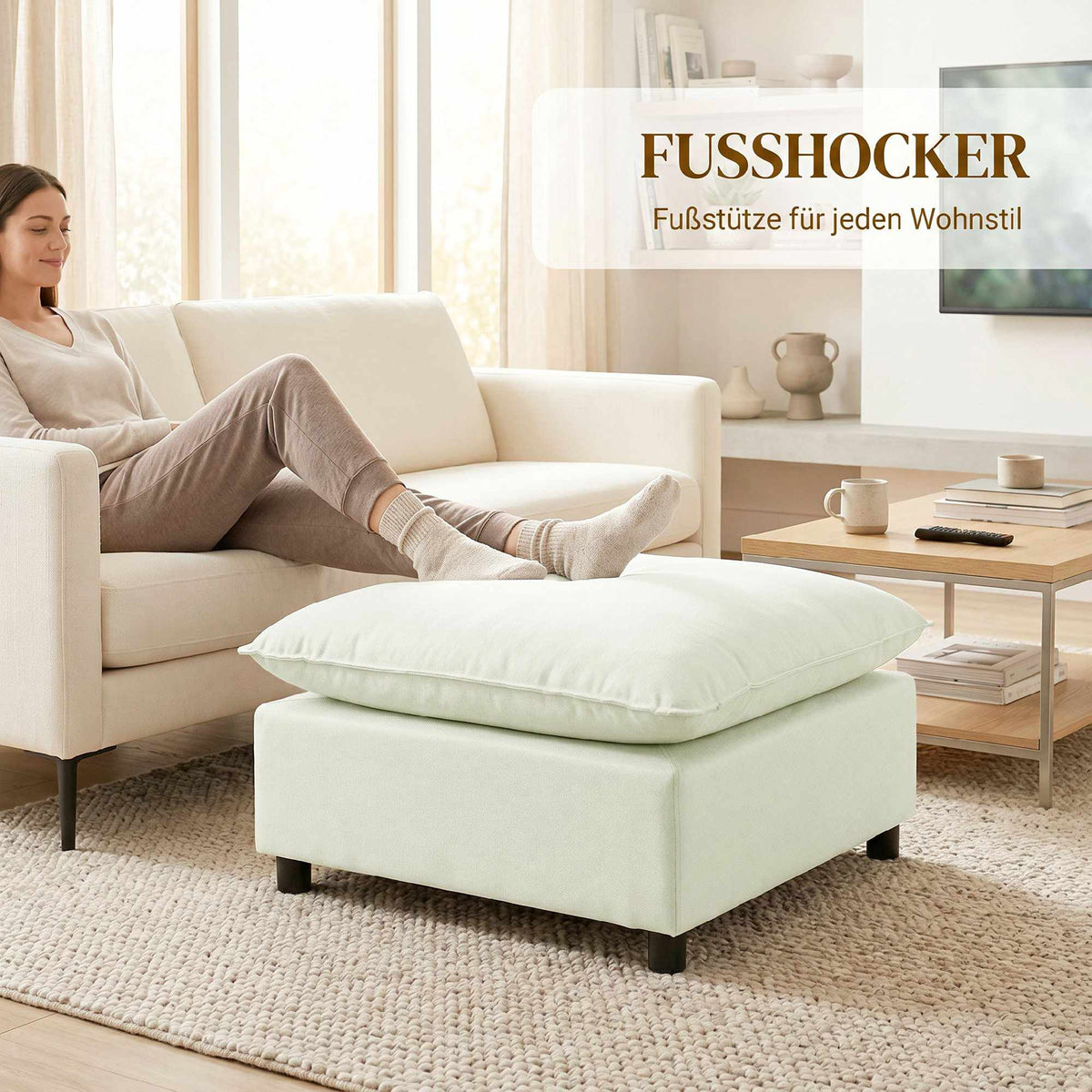 Modern Fabric Ottoman with Plastic Legs, 75 cm, Cream White