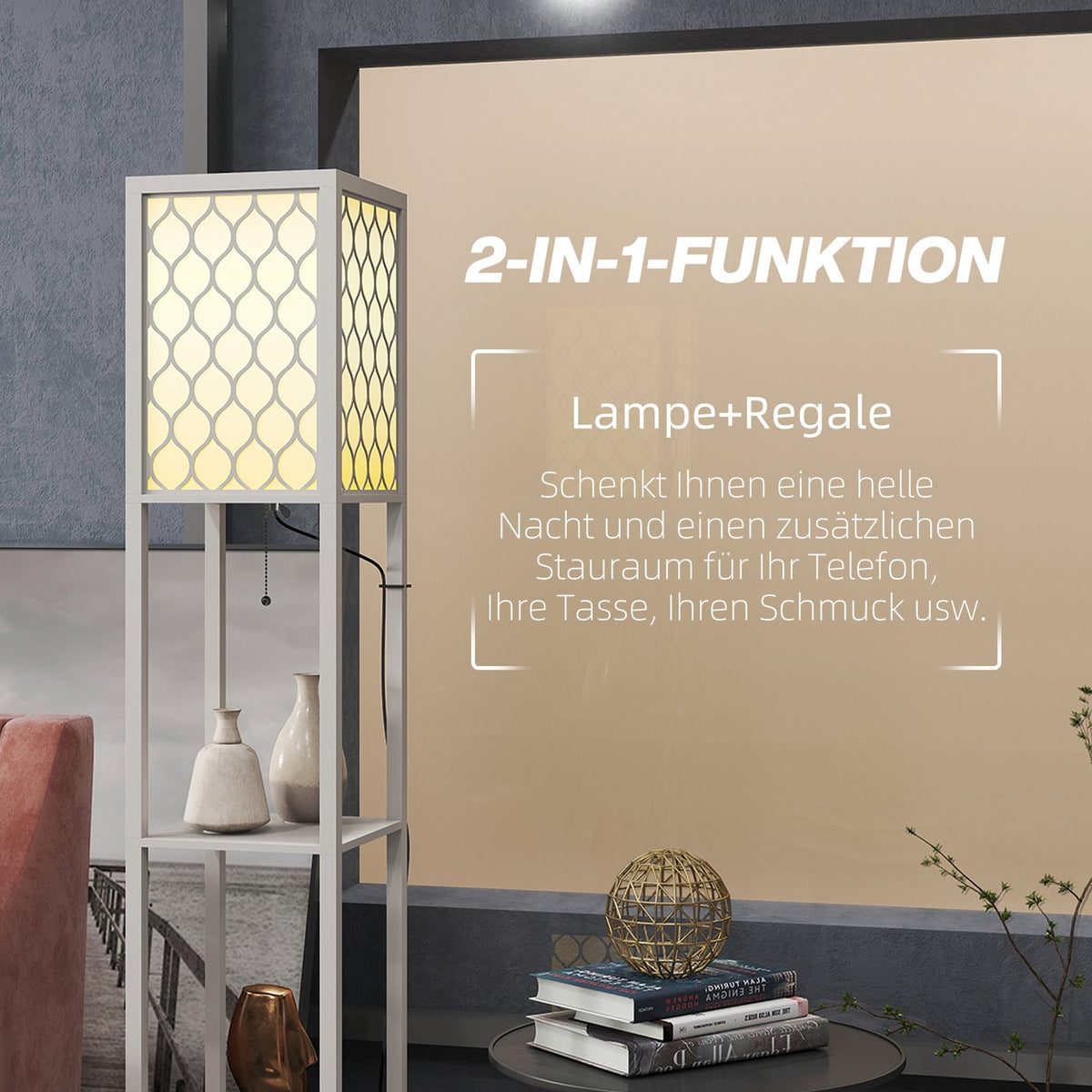 Modern Floor Lamp with Shelves, Pull Chain, Black/White