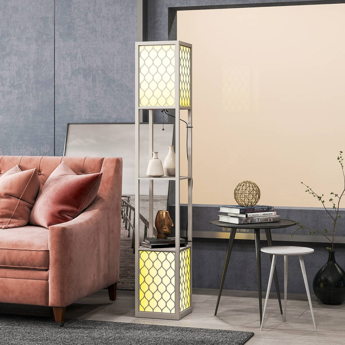 Modern Floor Lamp with Shelves, Pull Chain, Black/White