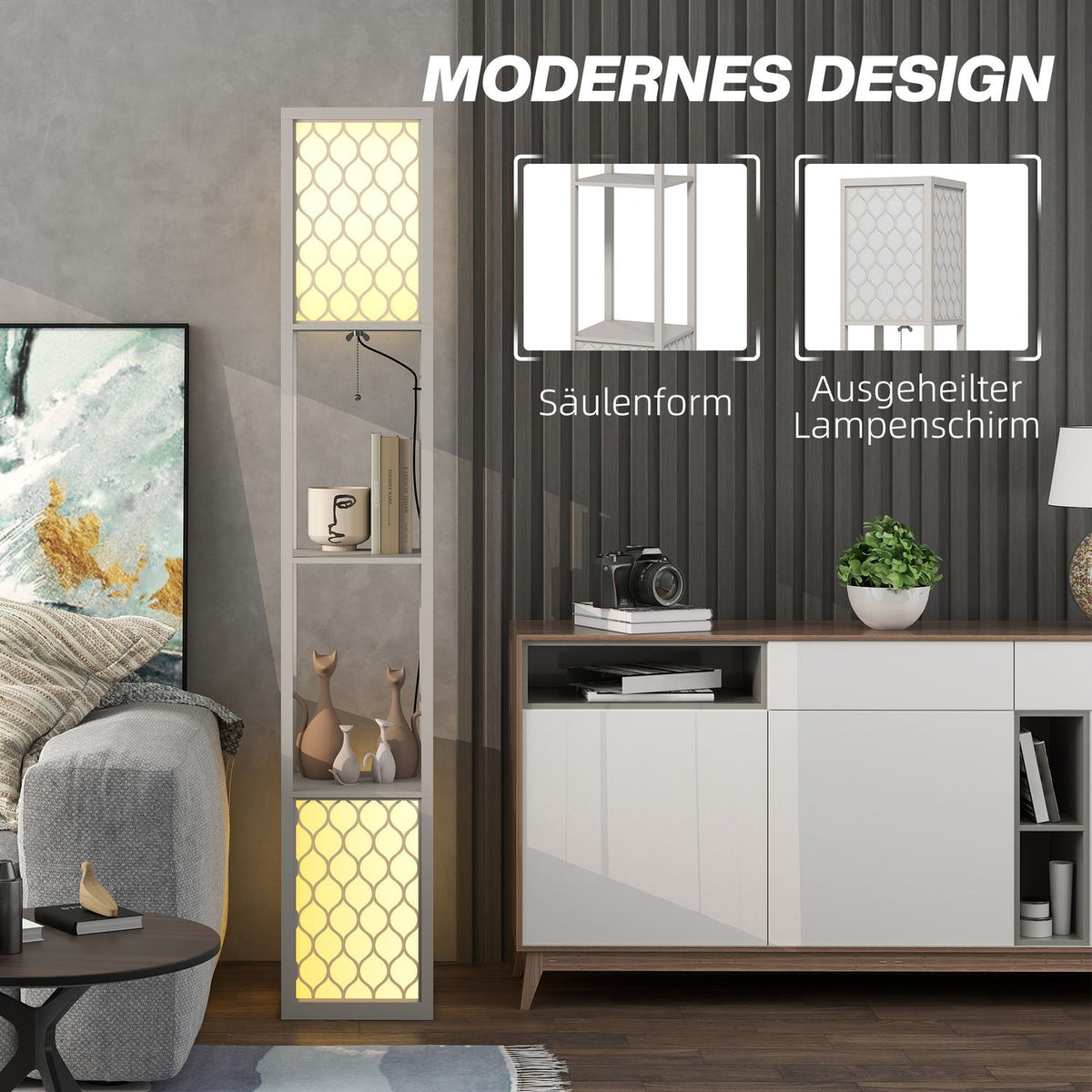Modern Floor Lamp with Shelves, Pull Chain, Black/White