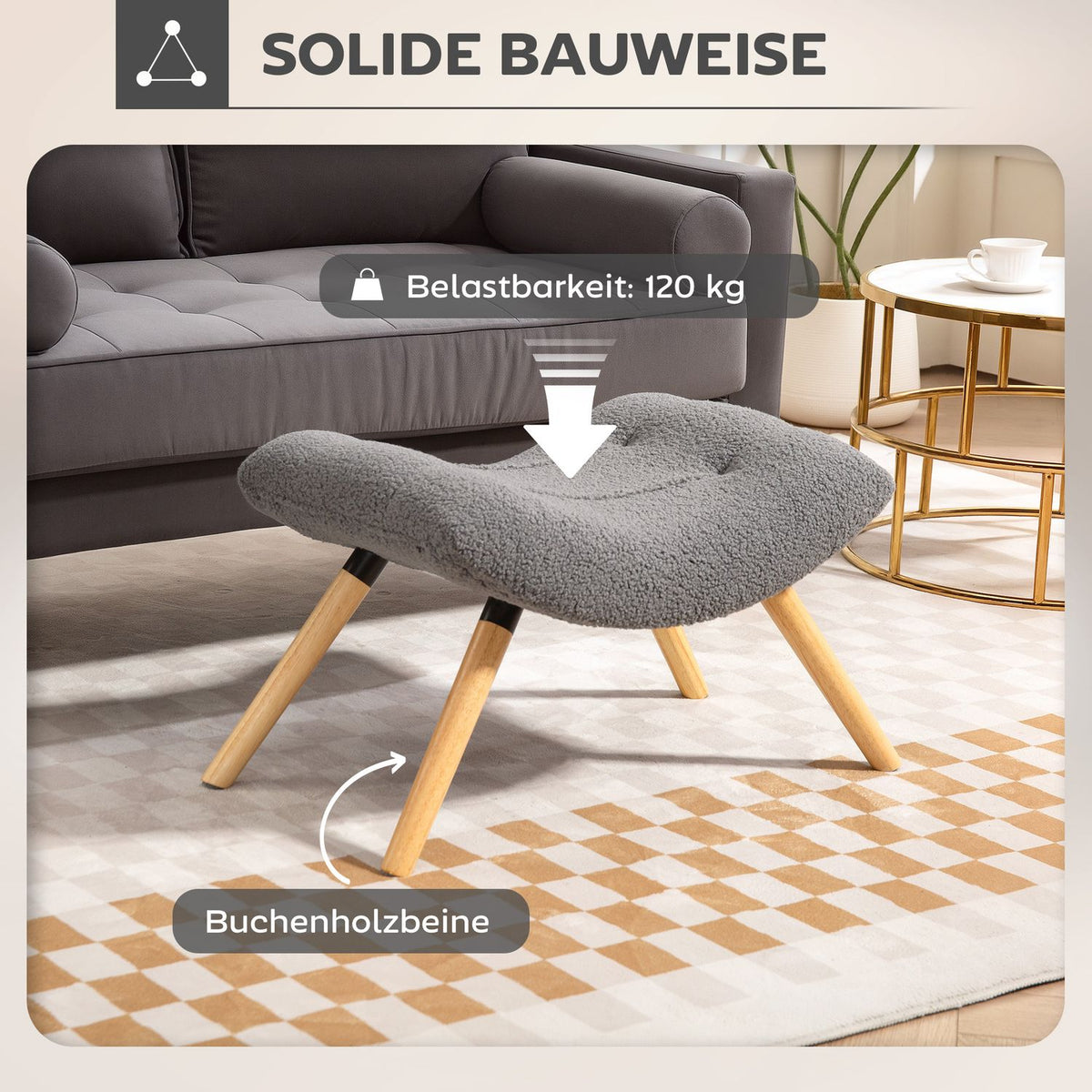 Modern Footstool with Fleece Cover, Wood Legs, Dark Grey