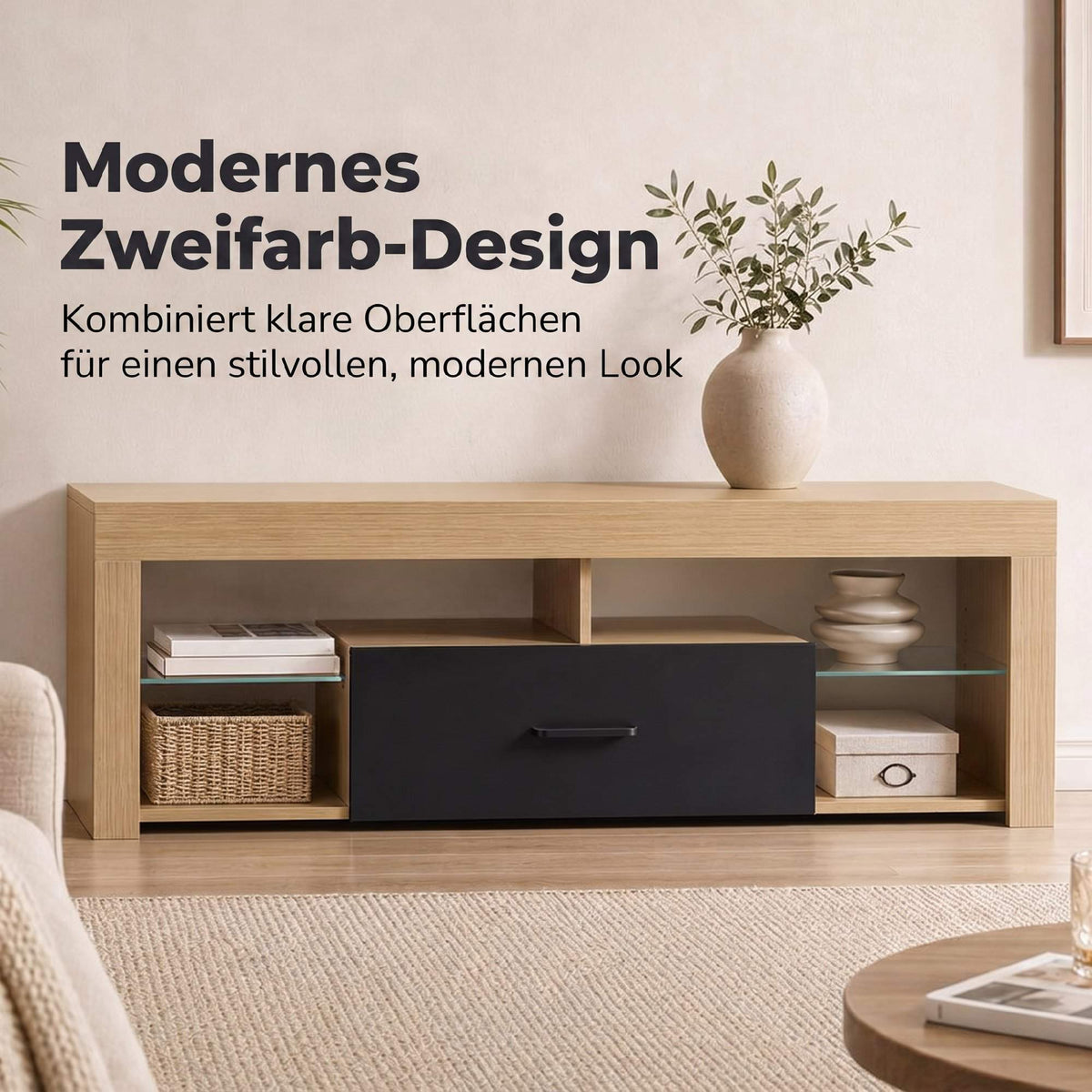Modern Oak TV Stand with Adjustable Glass Shelves, 65-Inch