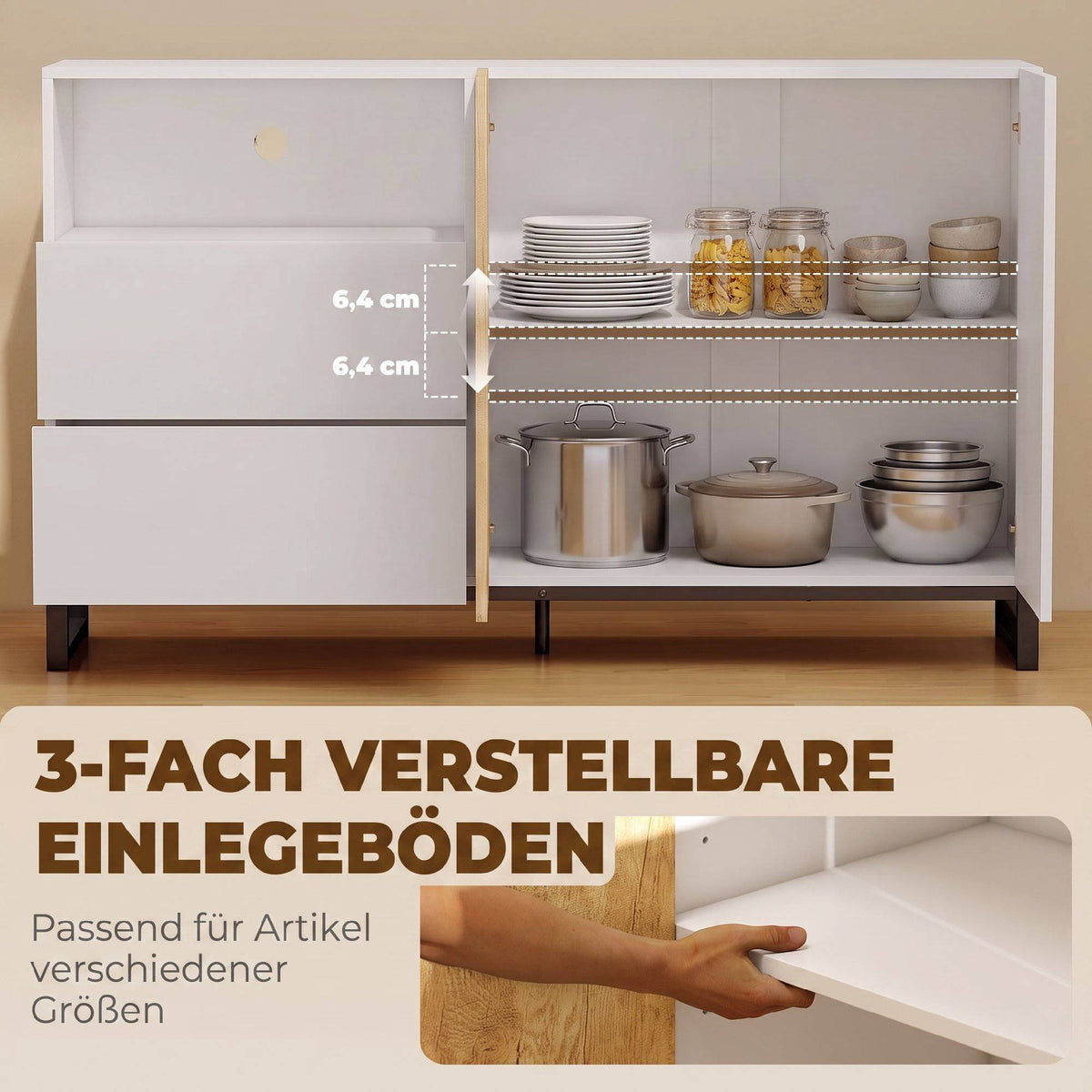 Modern White Sideboard with Soft-Close Doors, 140x40x85 cm