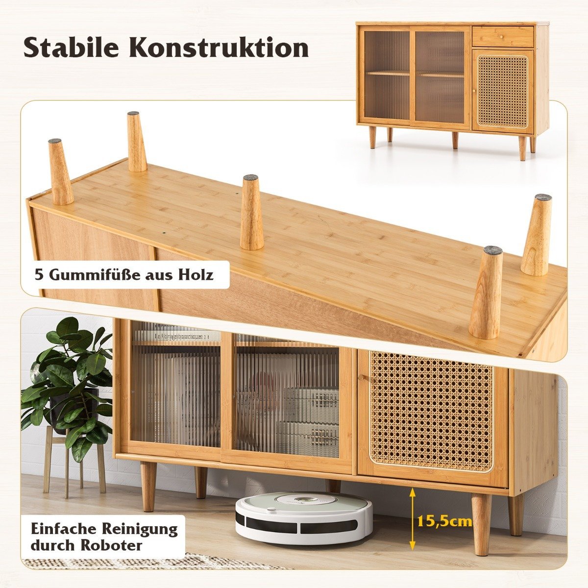 Modern buffet cabinet with sliding doors made of tempered glass rattan boho sideboard