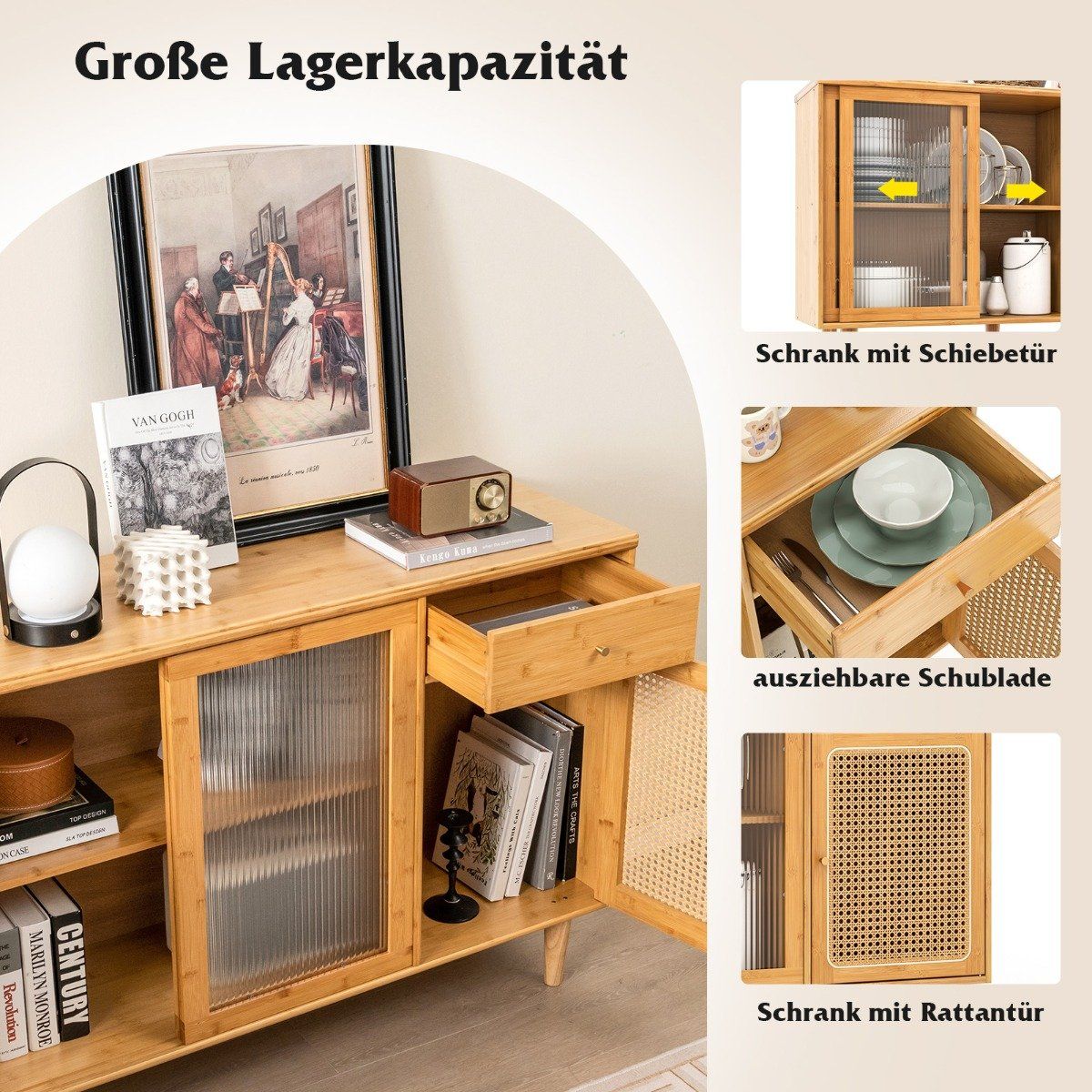 Modern buffet cabinet with sliding doors made of tempered glass rattan boho sideboard